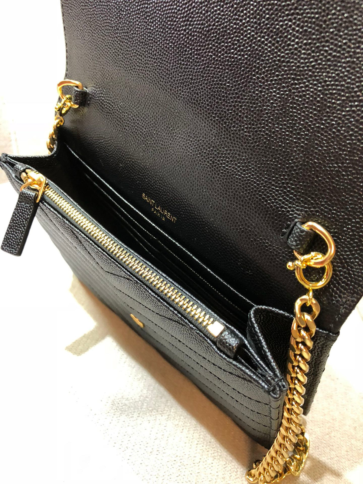 Saint Laurent Cassandre Matelassé Chain Wallet in Grain de Poudre Embossed Leather - Black
