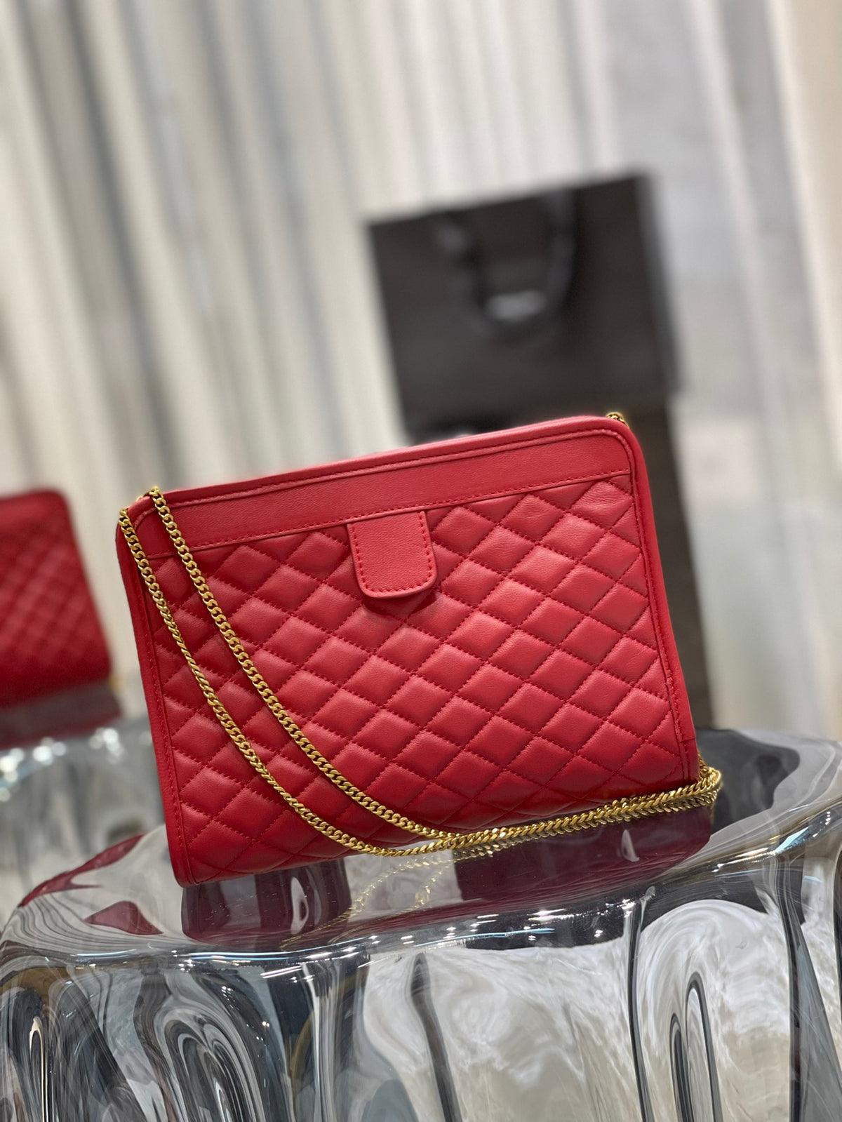 Red Quilted Leather Shoulder Bag with Gold Chain and Logo Detail
