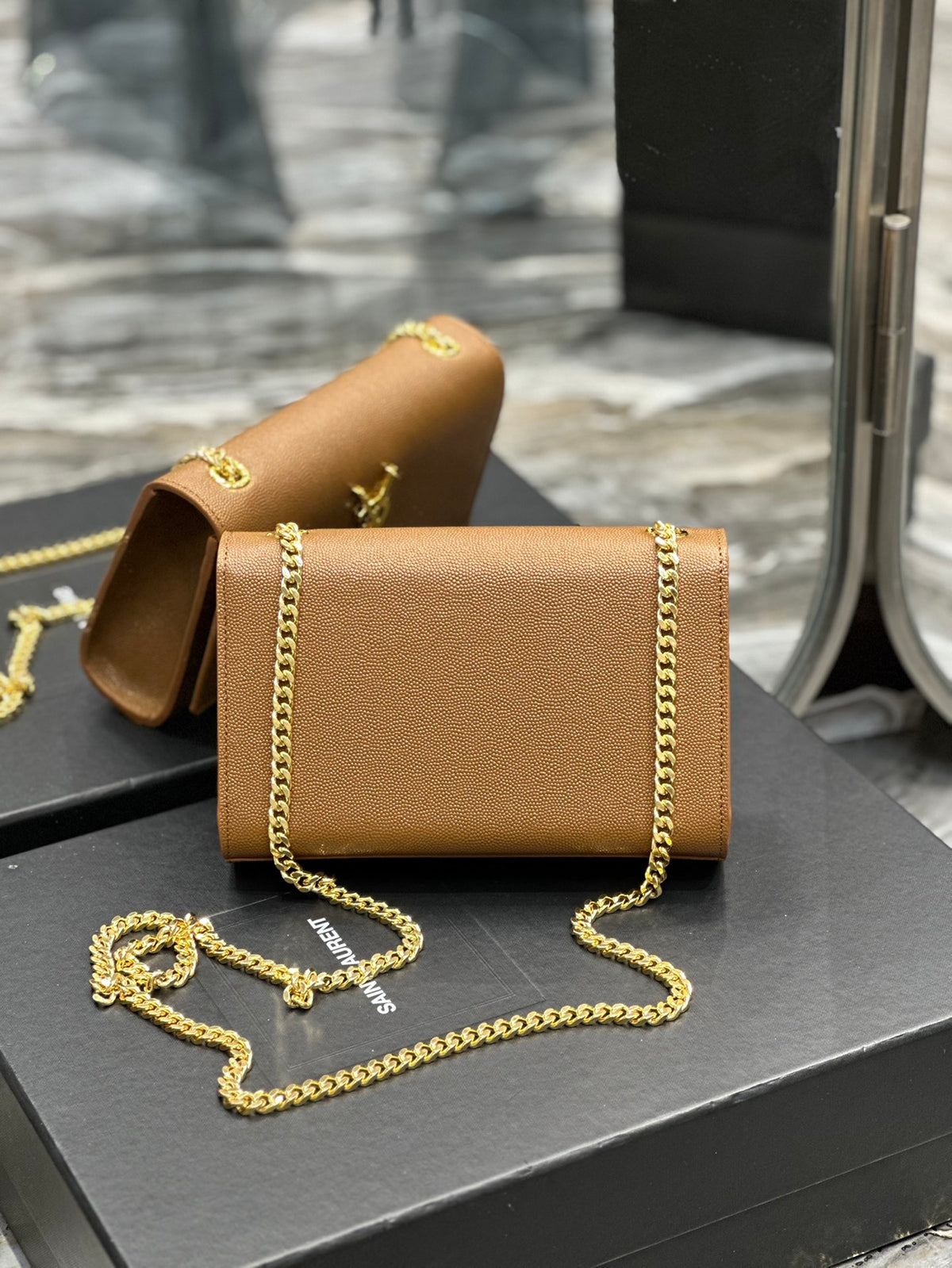 Saint Laurent Cassandra Mini Grained Leather Shoulder Bag in Tan