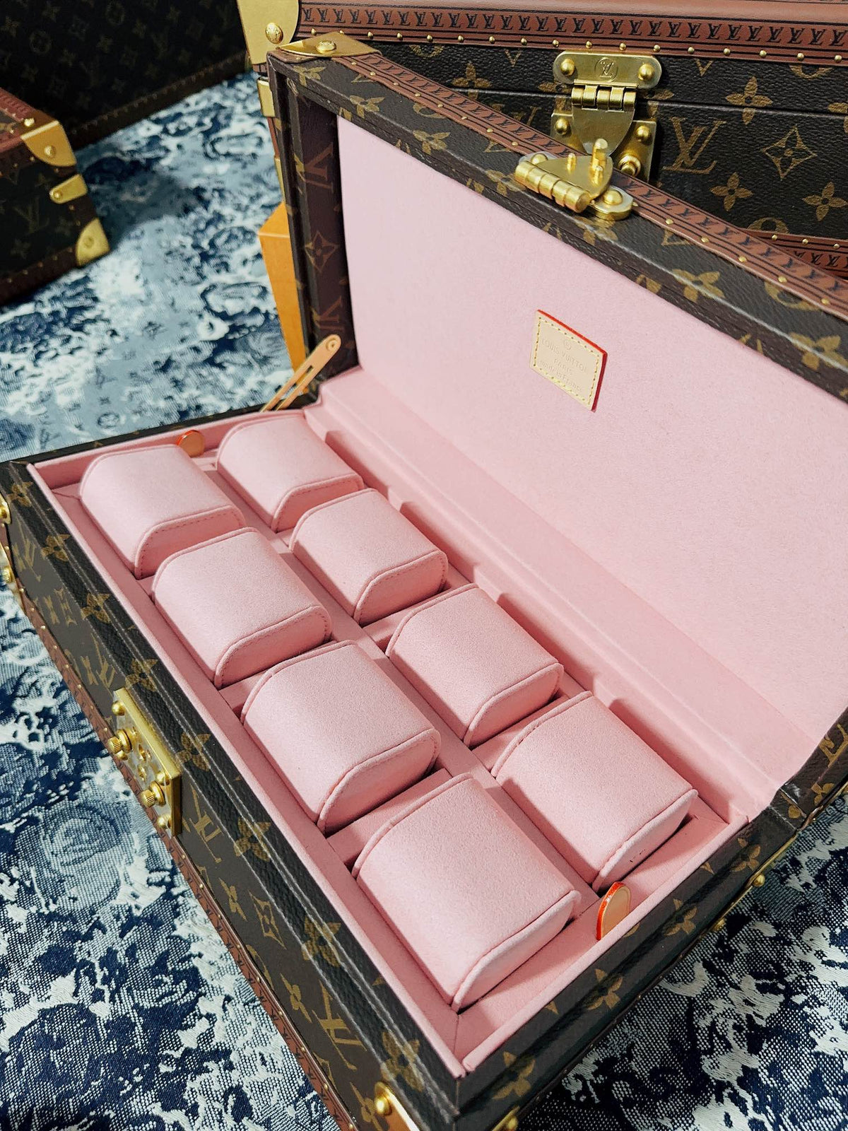 Vintage Monogram Canvas 8-Slot Watch Box Organizer with Pink Lining