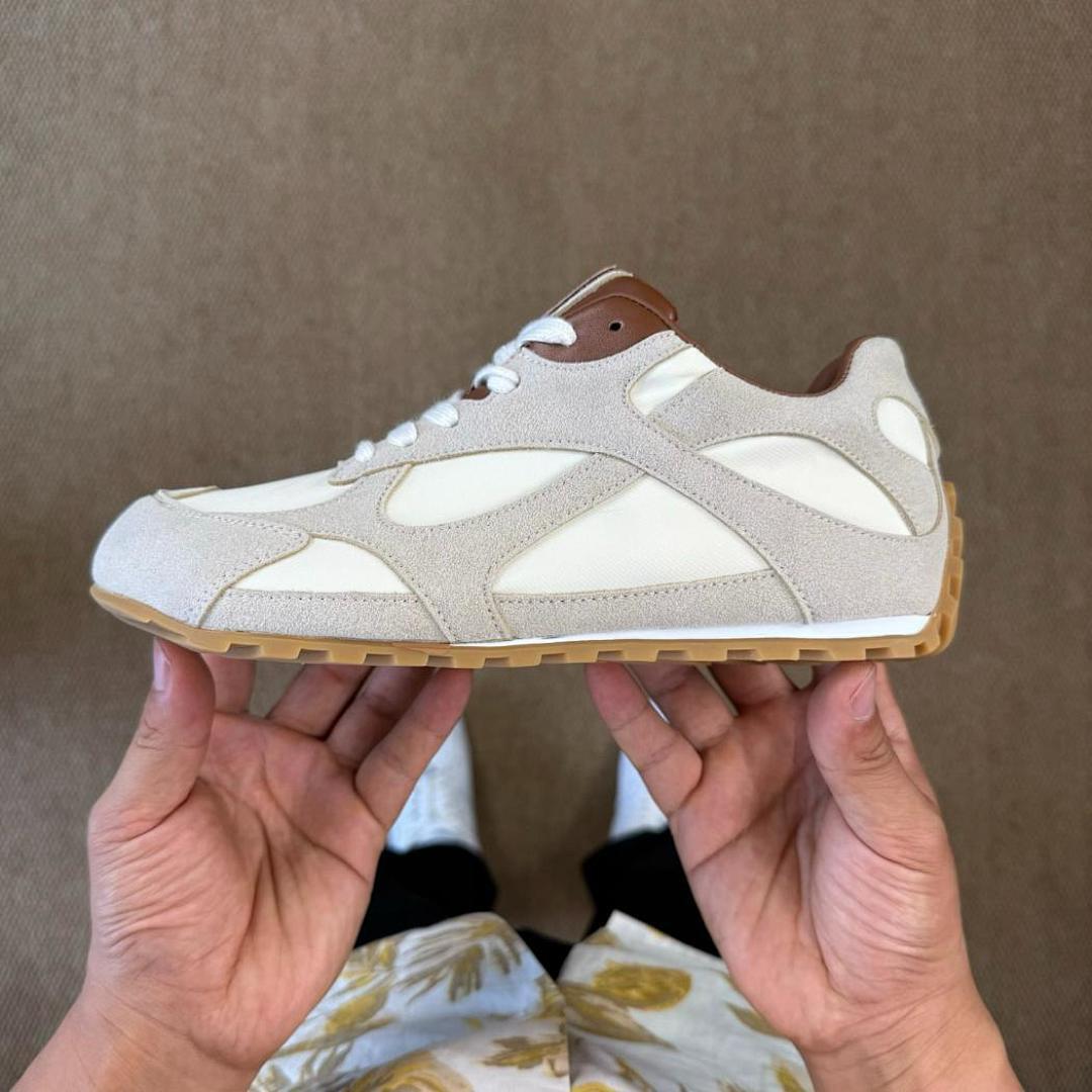 Unisex Cream Beige Suede Canvas Retro Runner Sneakers with Brown Leather Accents and Gum Sole
