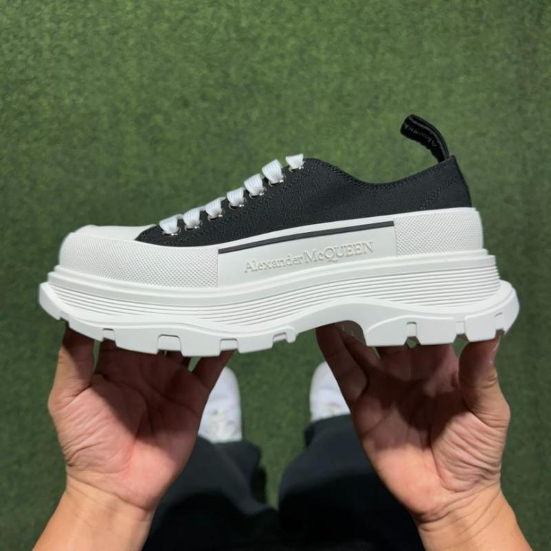 Alexander McQueen Tread Slick Lace-Up Canvas Sneakers Black White 611705 W4MV2 1070