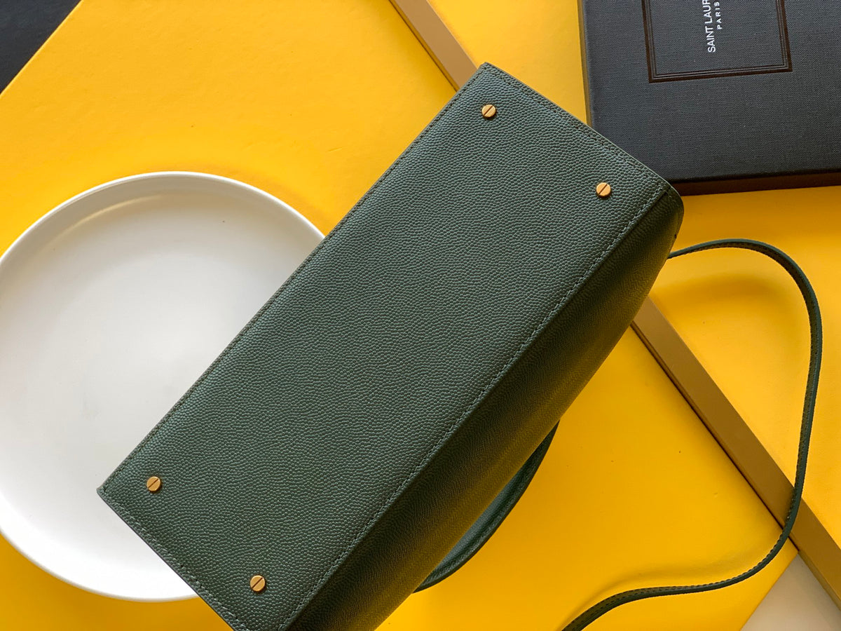 Saint Laurent Cassandra Top Handle Bag in Dark Green Grain de Poudre Embossed Leather - Gold Hardware