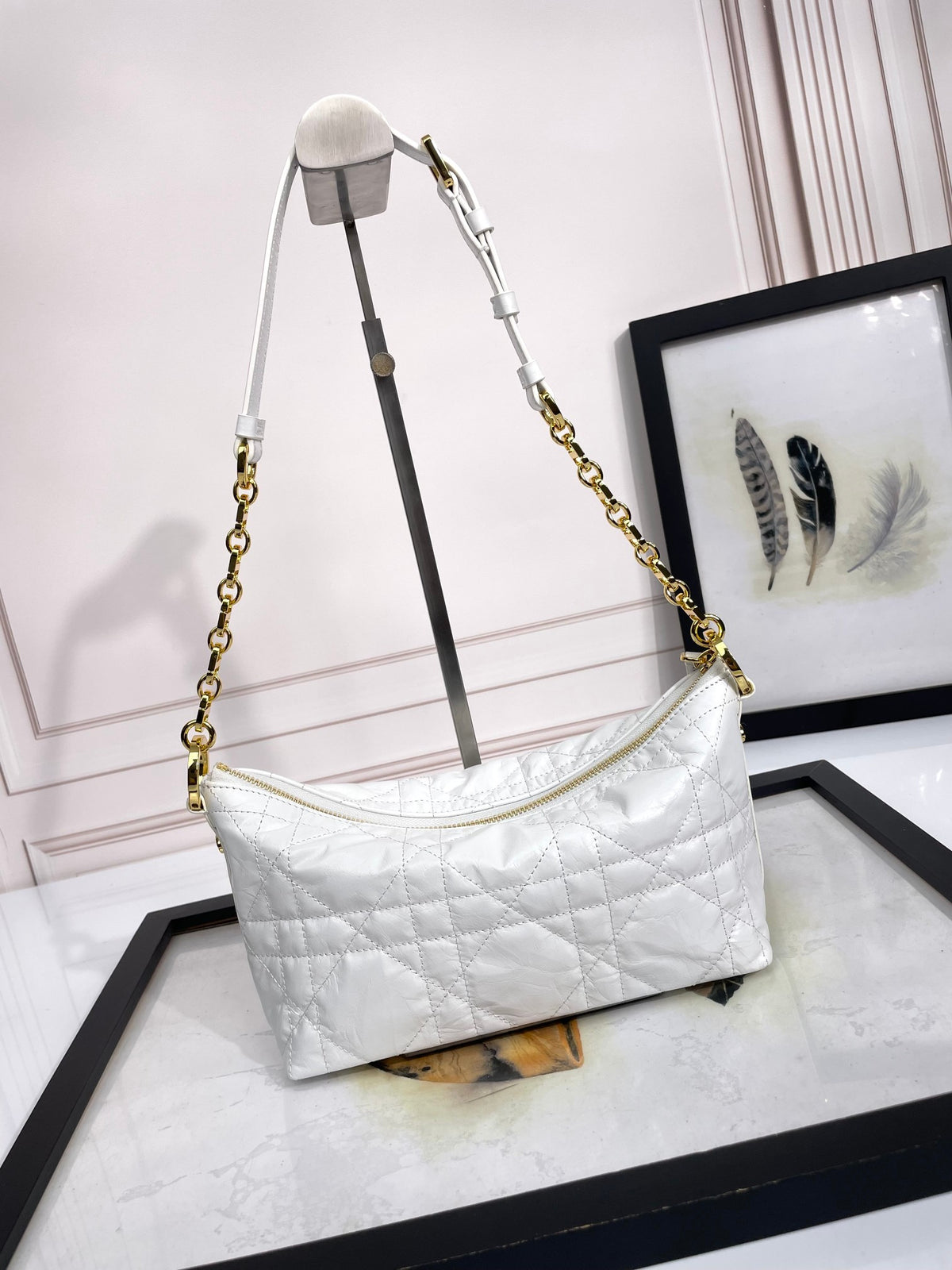 White Quilted Leather Hobo Shoulder Bag with Gold-Tone Chain Strap
