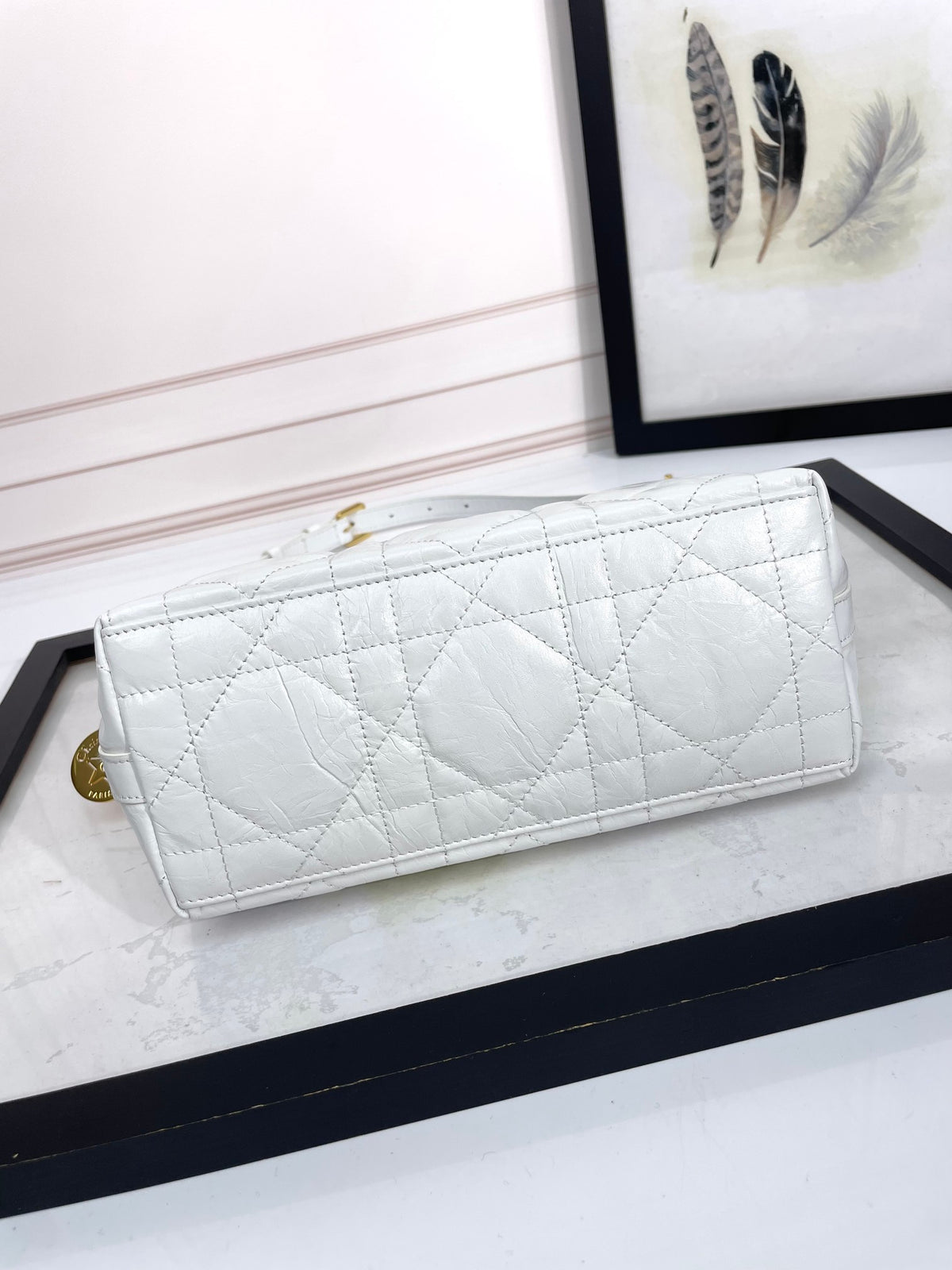 White Quilted Leather Hobo Shoulder Bag with Gold-Tone Chain Strap