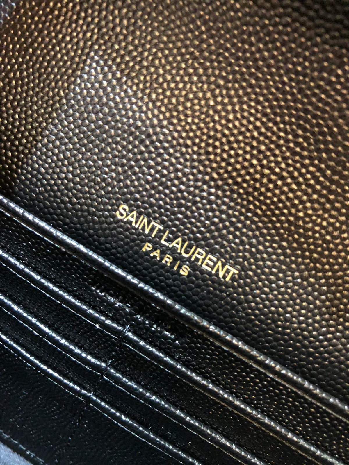 Saint Laurent Cassandre Matelassé Chain Wallet in Grain de Poudre Embossed Leather - Black
