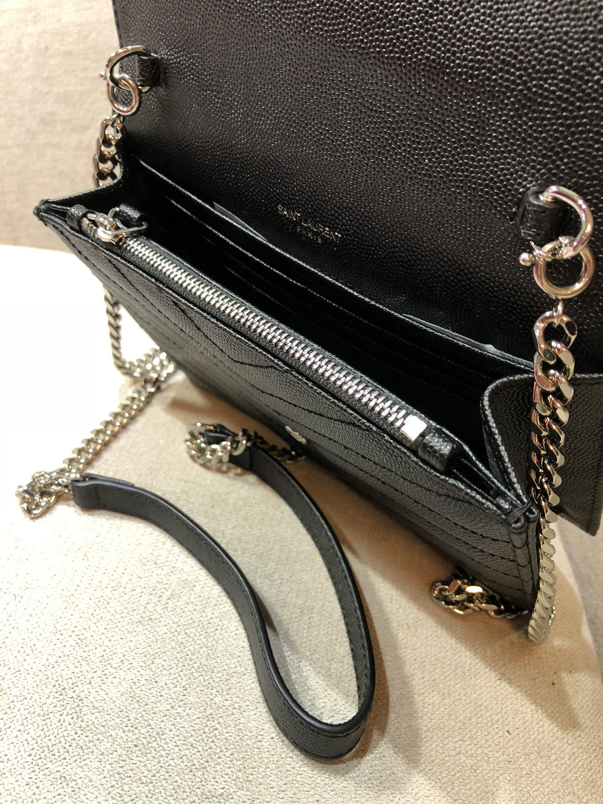 Saint Laurent Cassandre Matelassé Chain Wallet in Black Grain de Poudre Leather