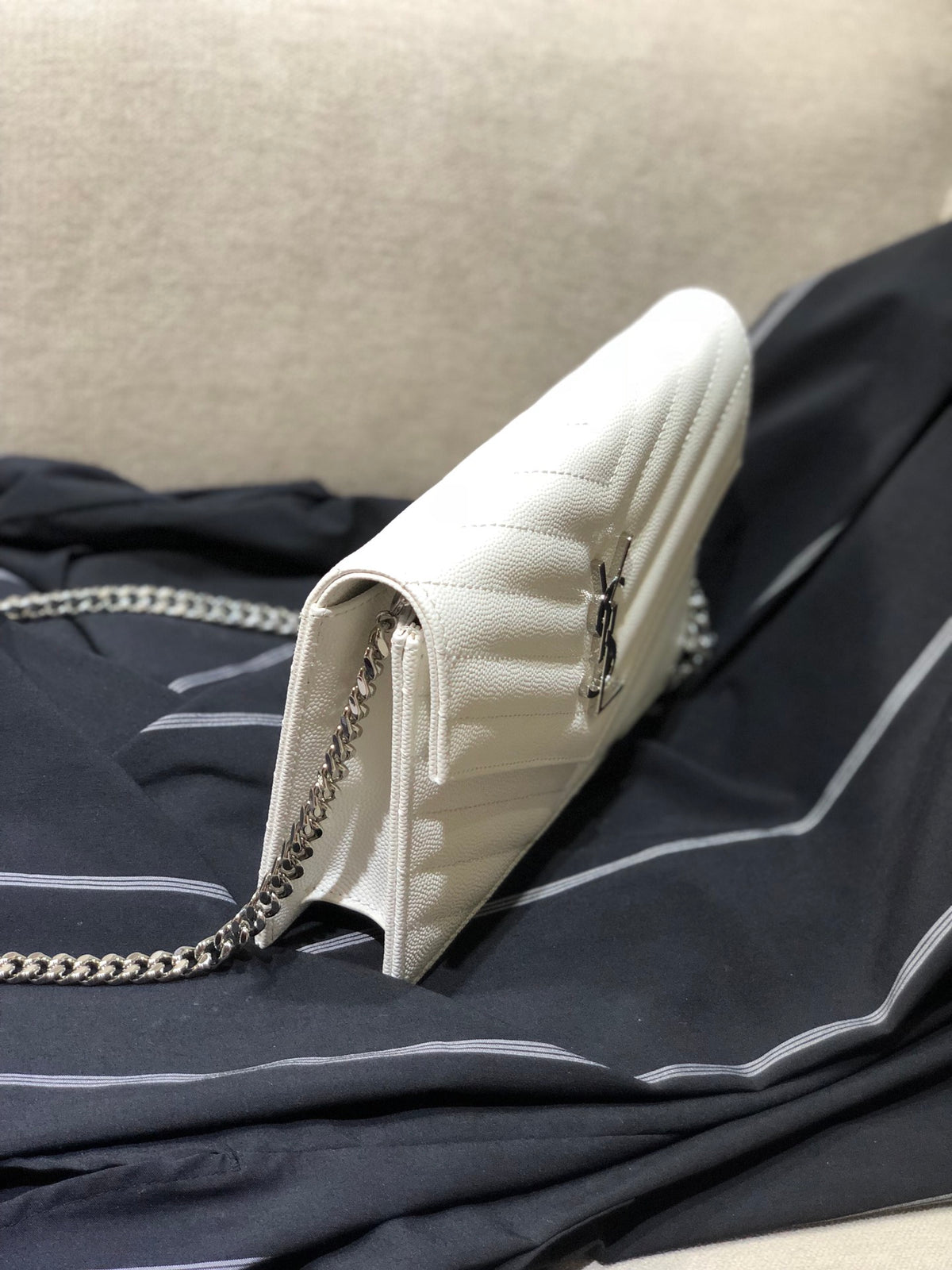 Saint Laurent Cassandre Matelassé Chain Wallet in White Quilted Leather