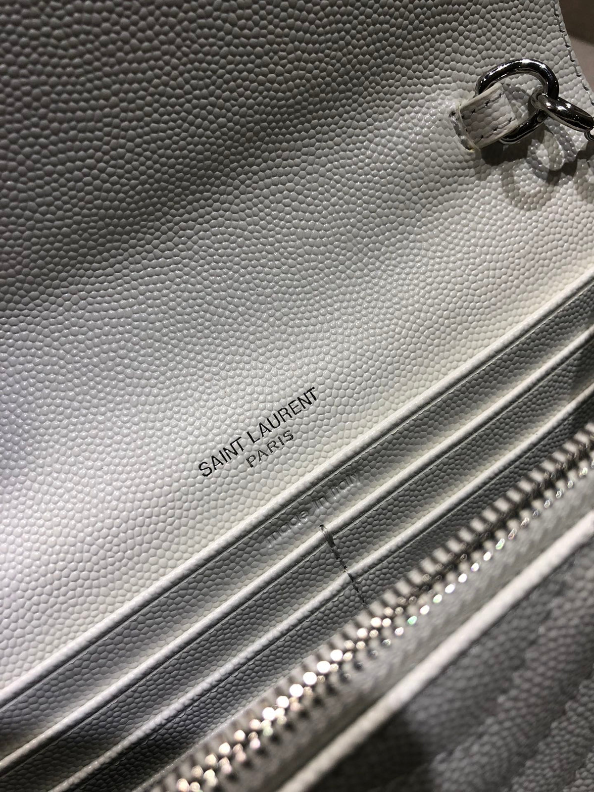 Saint Laurent Cassandre Matelassé Chain Wallet in White Quilted Leather