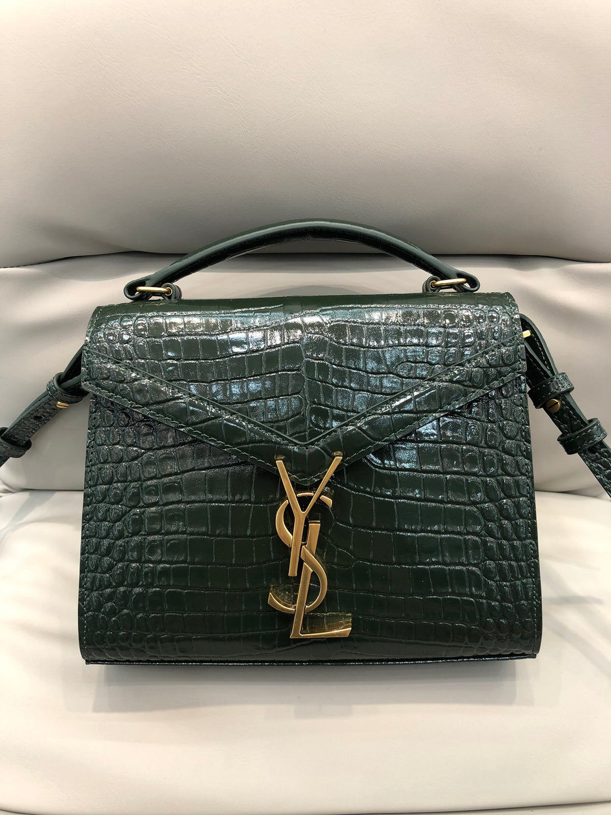 Saint Laurent Cassandra Medium Top Handle Bag in Crocodile-Embossed Leather - Dark Green