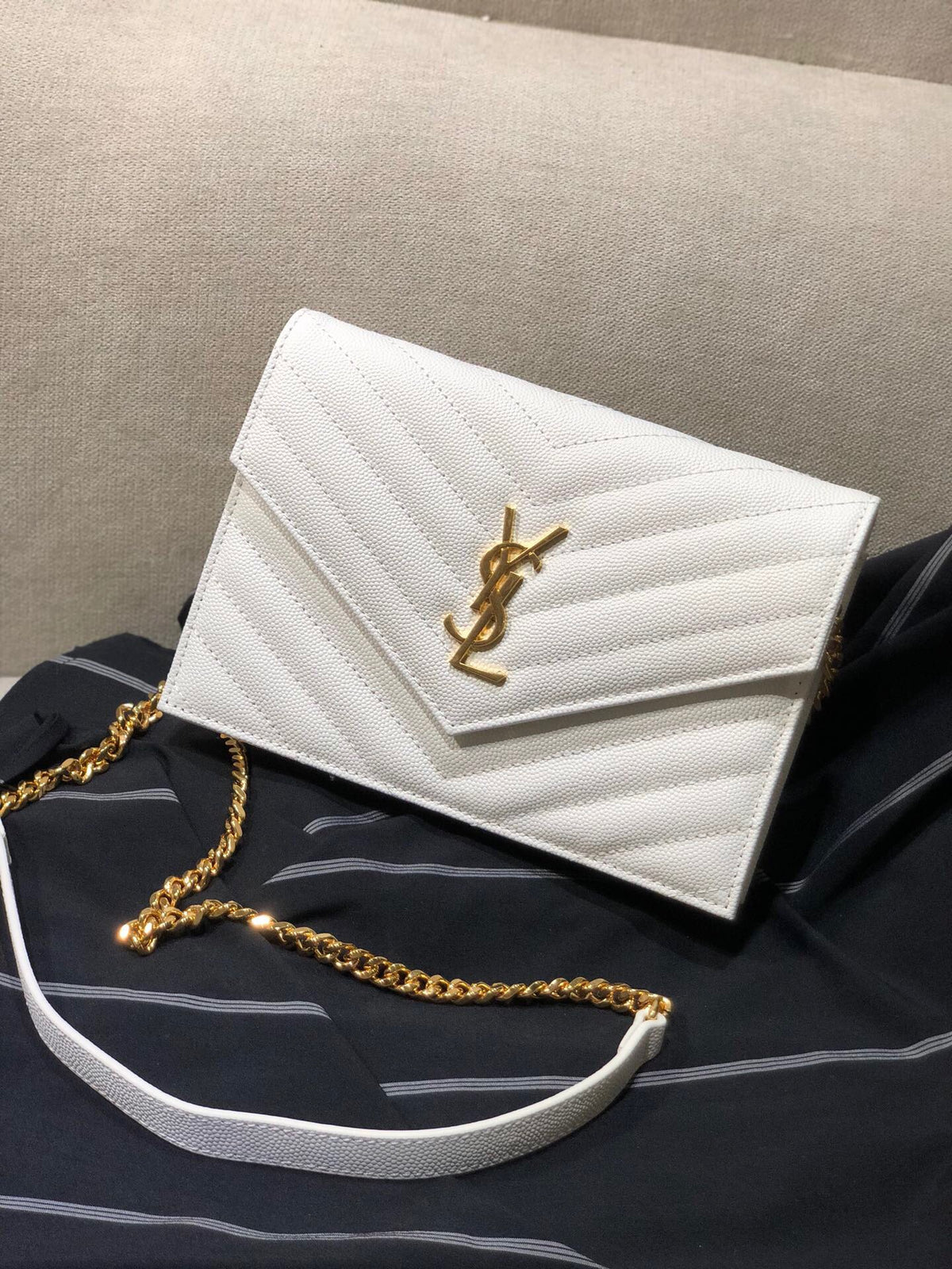 Saint Laurent Monogram Matelassé Leather Envelope Chain Wallet - White/Gold