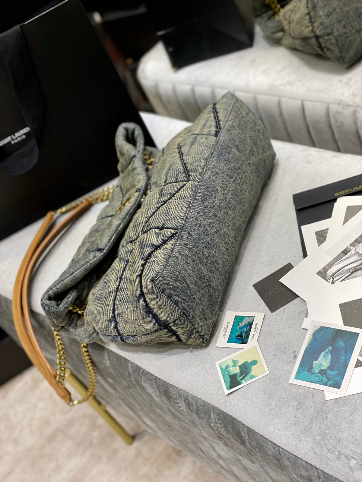 Saint Laurent Puffer Small Bag in Grey Quilted Denim with Gold Hardware