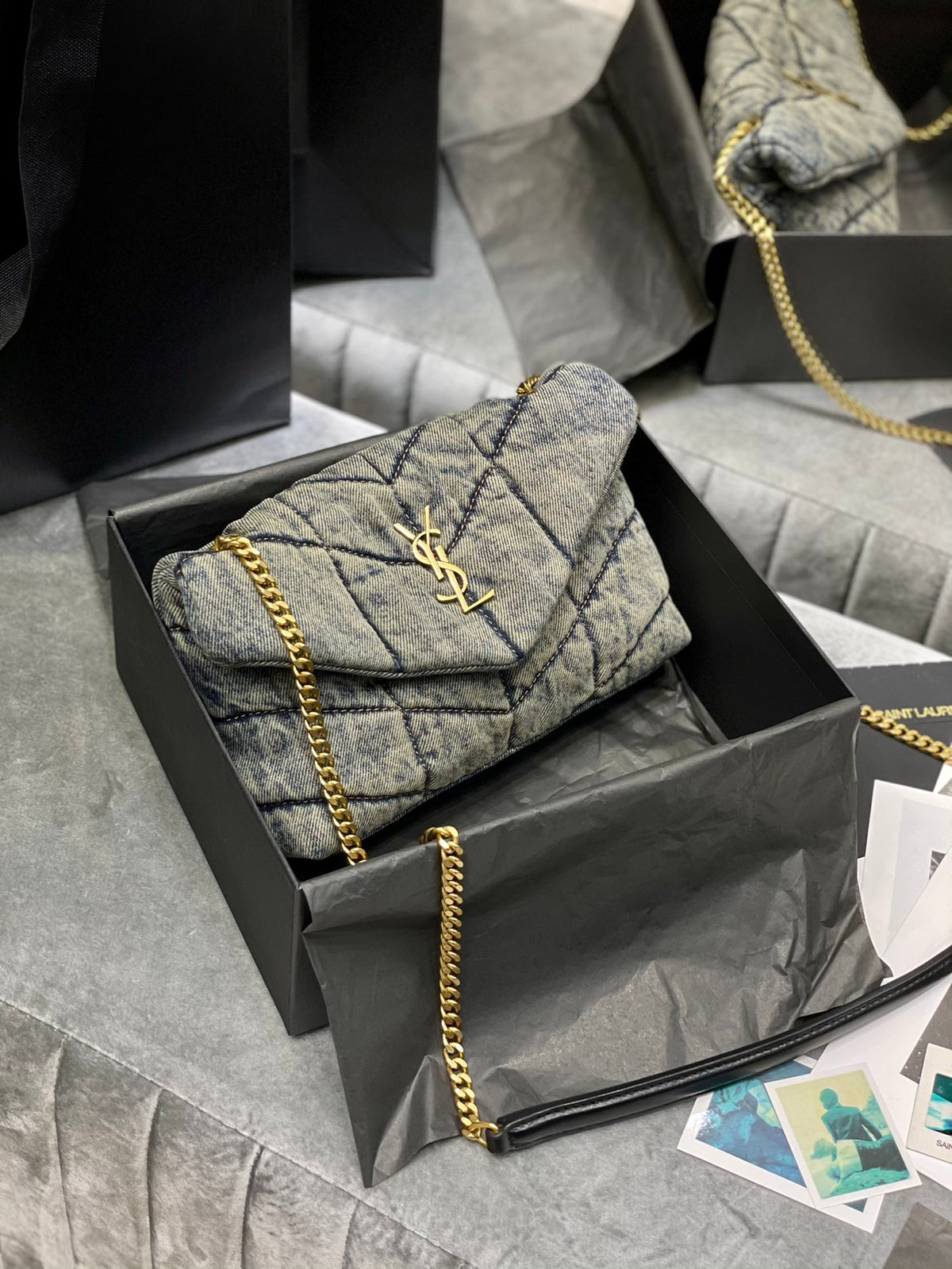 Saint Laurent (YSL) Small Loulou Denim Shoulder Bag with Gold-Tone Hardware