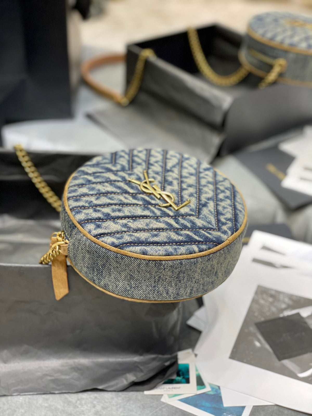 Saint Laurent Vinyle Round Camera Bag in Monogram Canvas and Leather