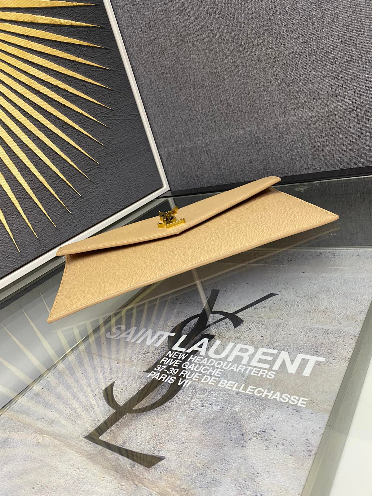 Saint Laurent Uptown Pouch in Shiny Smooth Leather - Beige