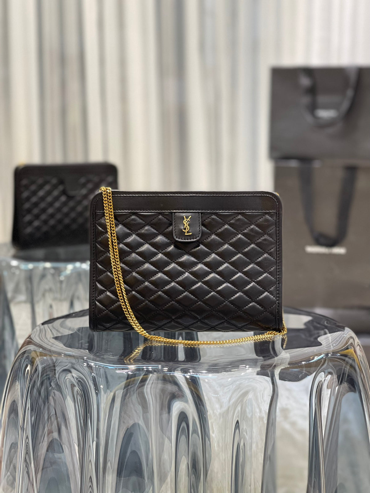 Saint Laurent Gaby Quilted Leather Pouch Bag - Black/Gold
