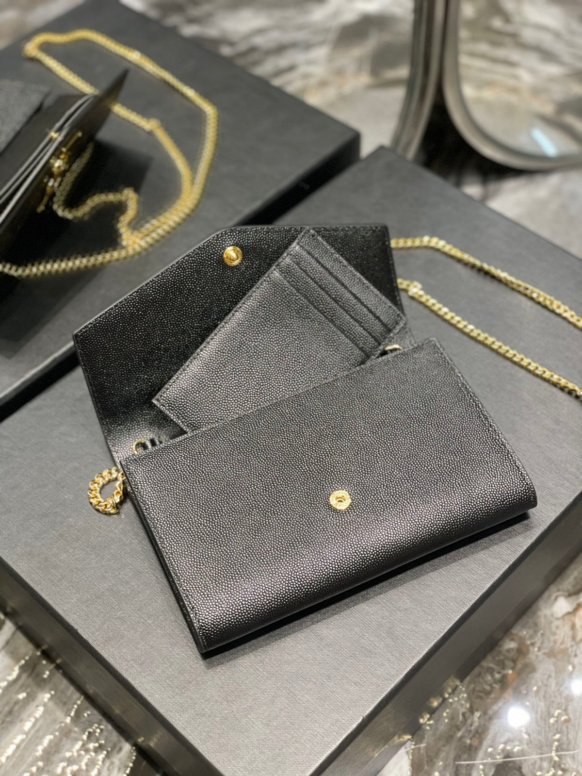 Saint Laurent Uptown Chain Wallet in Grain de Poudre Embossed Leather - Black/Gold