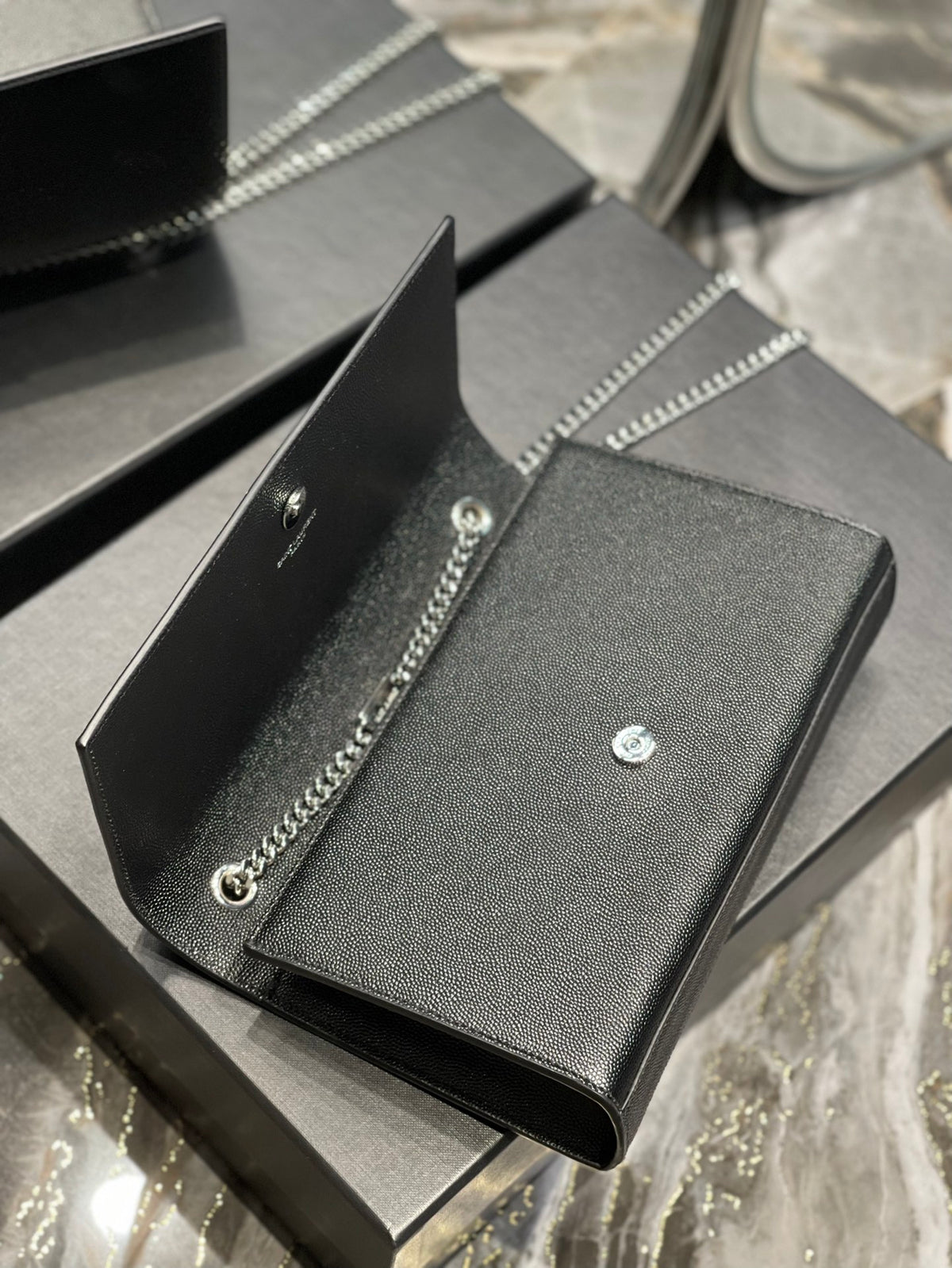 Saint Laurent Sunset Chain Wallet in Grain de Poudre Embossed Leather - Black