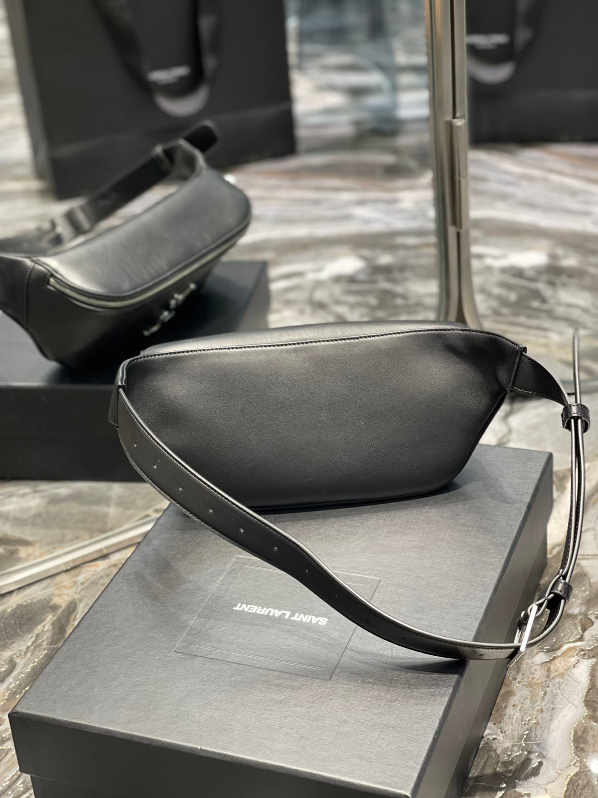 Saint Laurent Cassandre Leather Belt Bag in Black with Silver Hardware