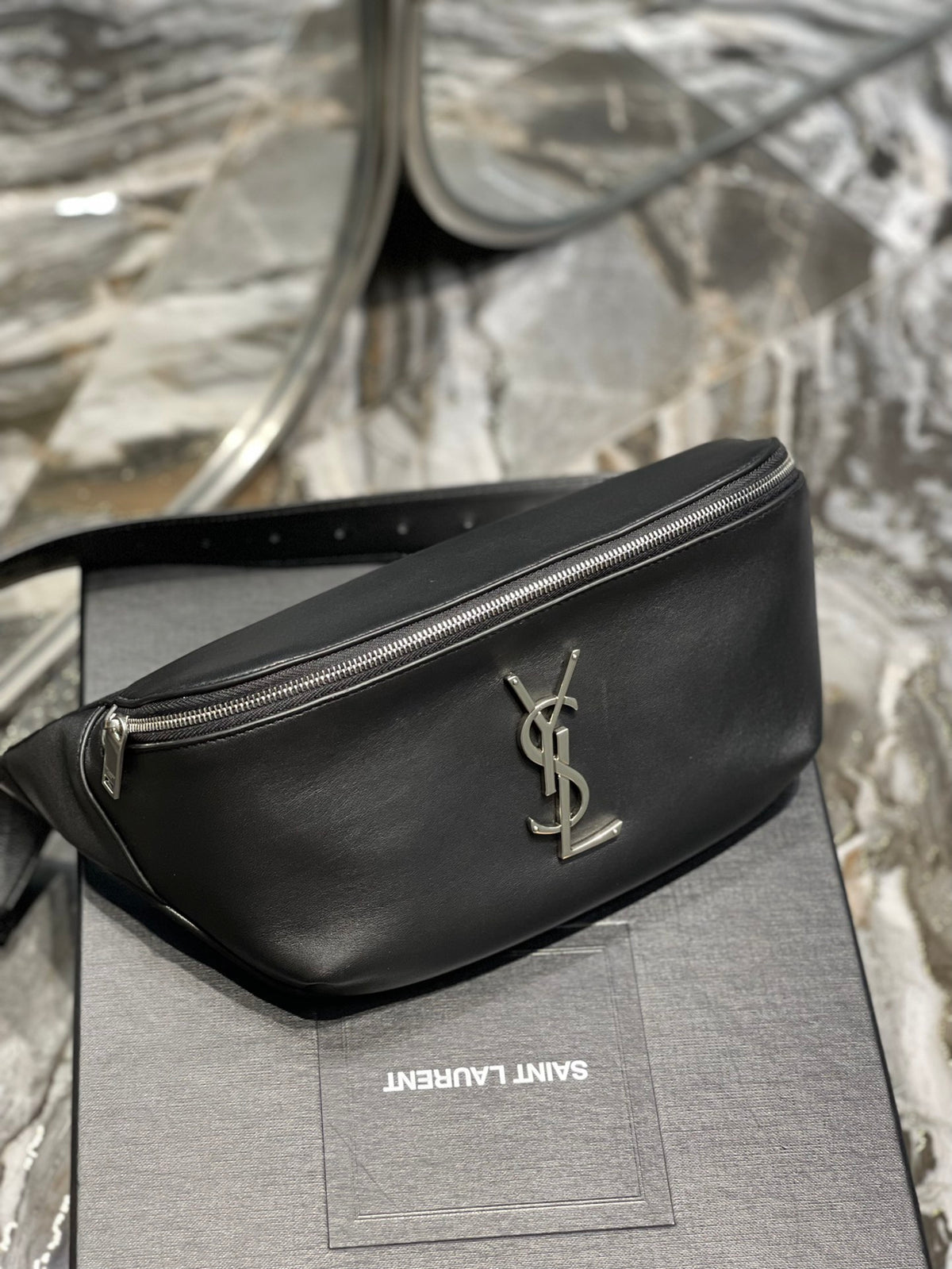 Saint Laurent Cassandre Leather Belt Bag in Black with Silver Hardware