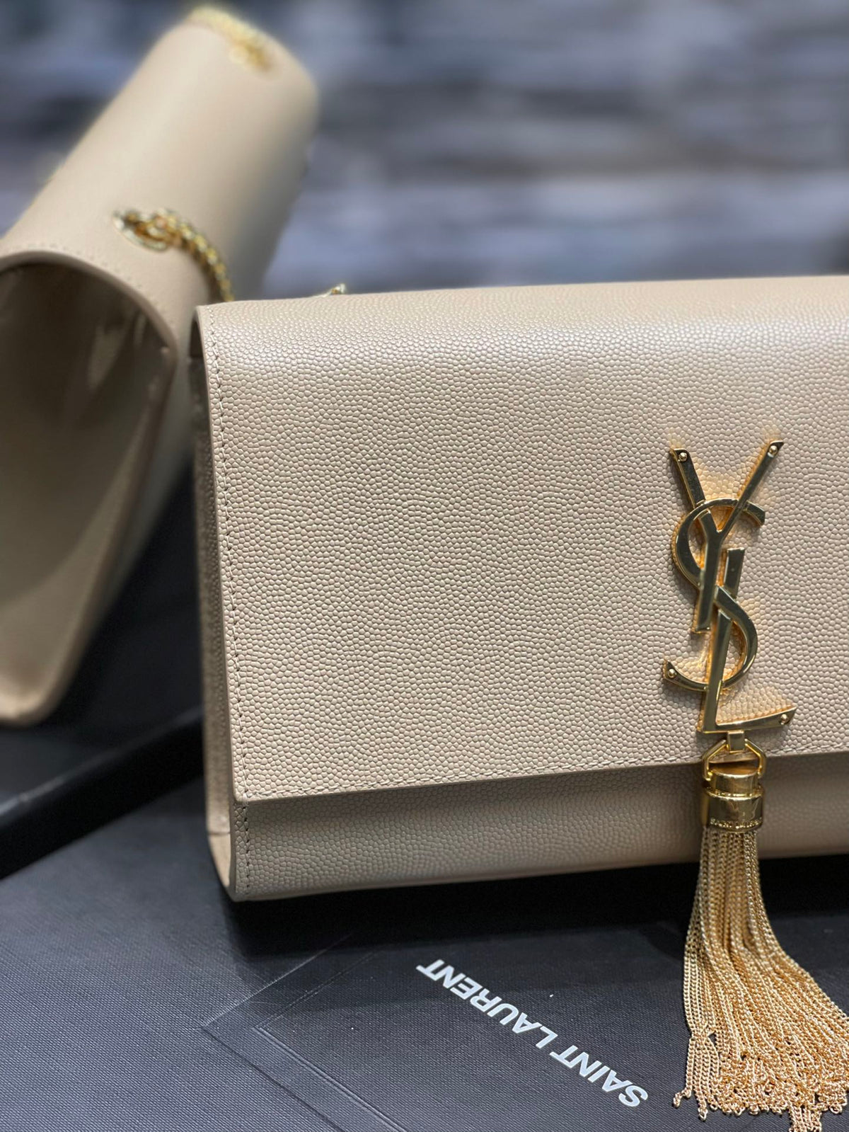 Saint Laurent Kate Small Tassel Chain Bag in Beige Leather