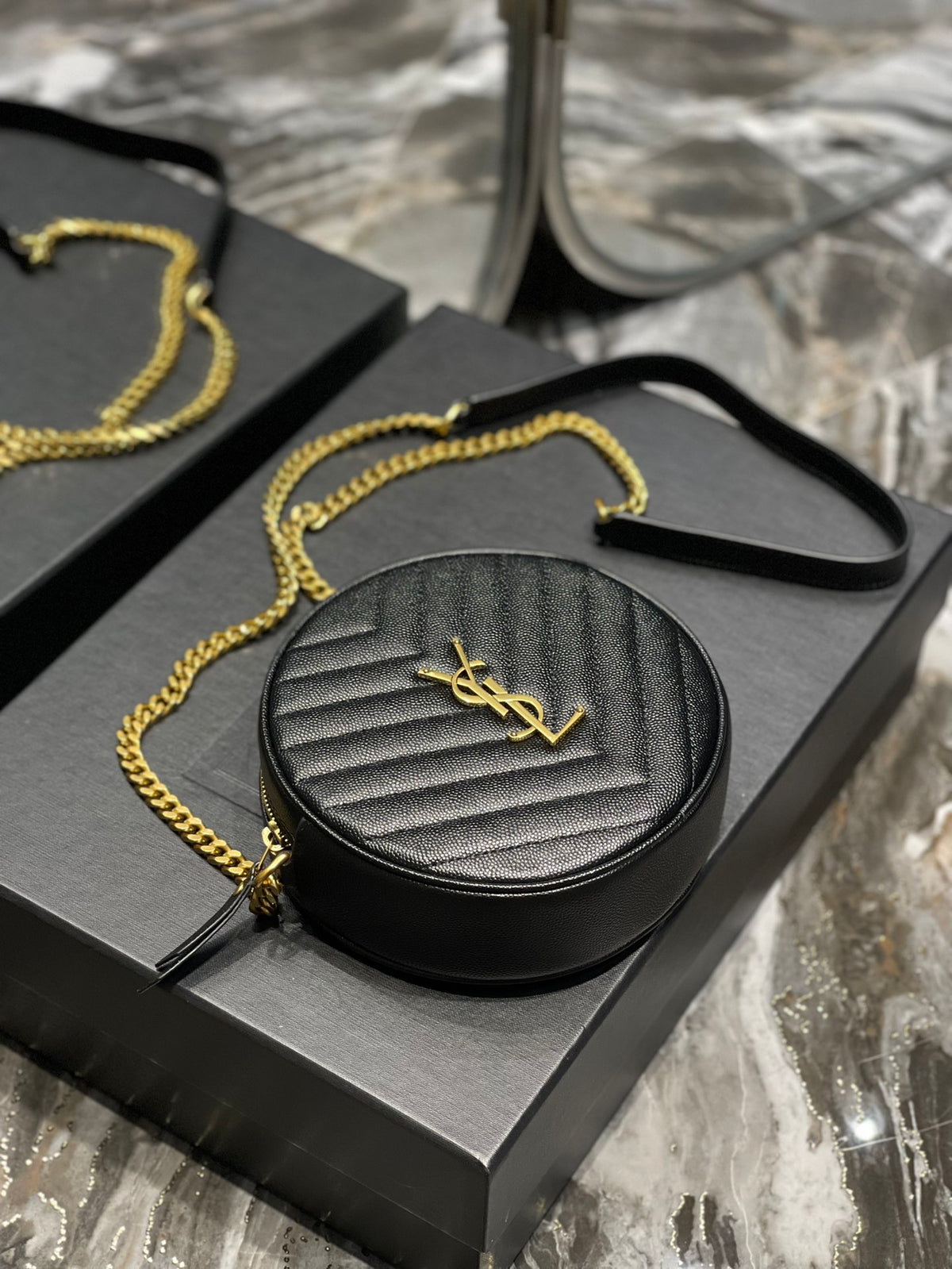 Saint Laurent Vinyle Round Camera Bag in Chevron Quilted Leather - Black