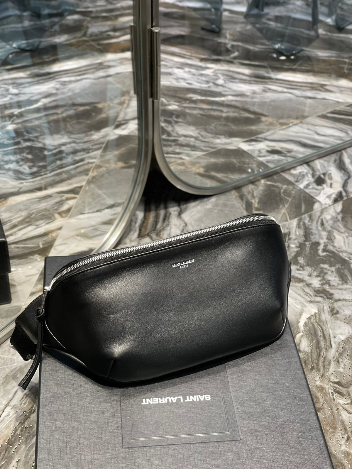 Saint Laurent Black Smooth Leather Belt Bag with Silver-Tone Hardware