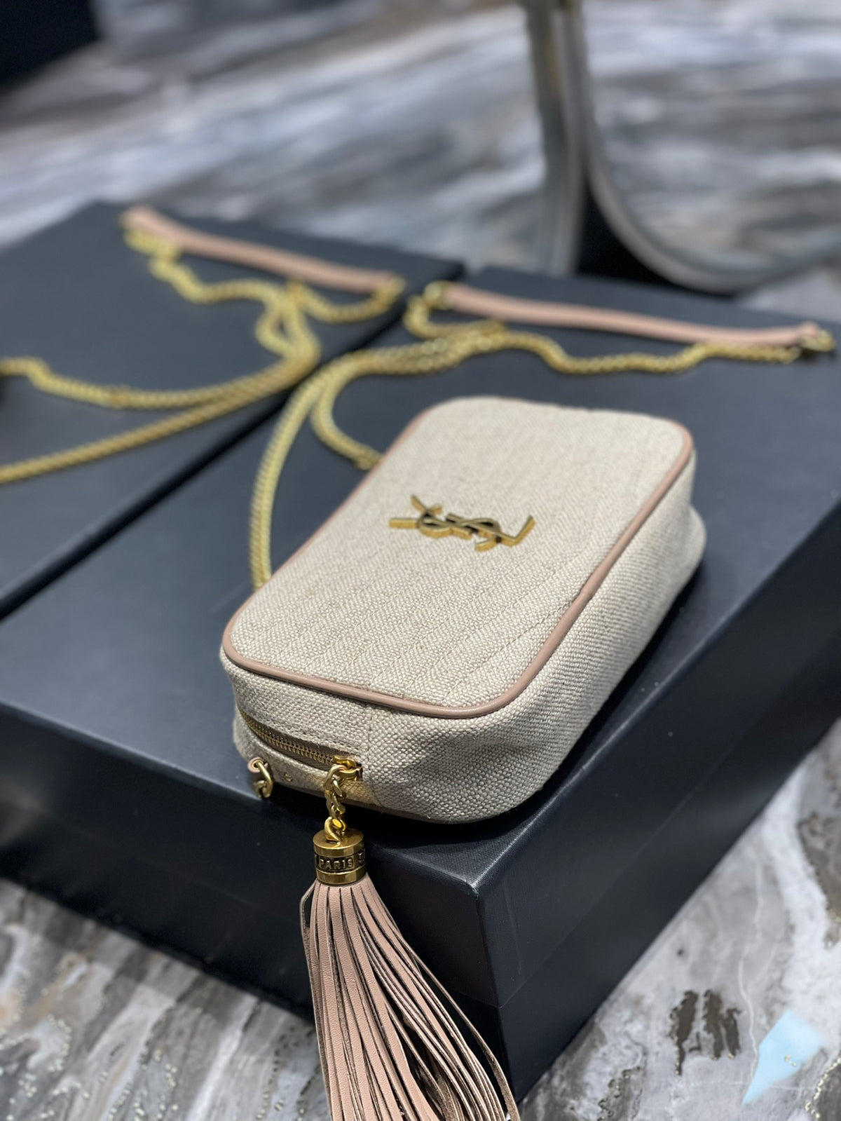 Saint Laurent Mini Lou Quilted Leather Crossbody Bag - Beige
