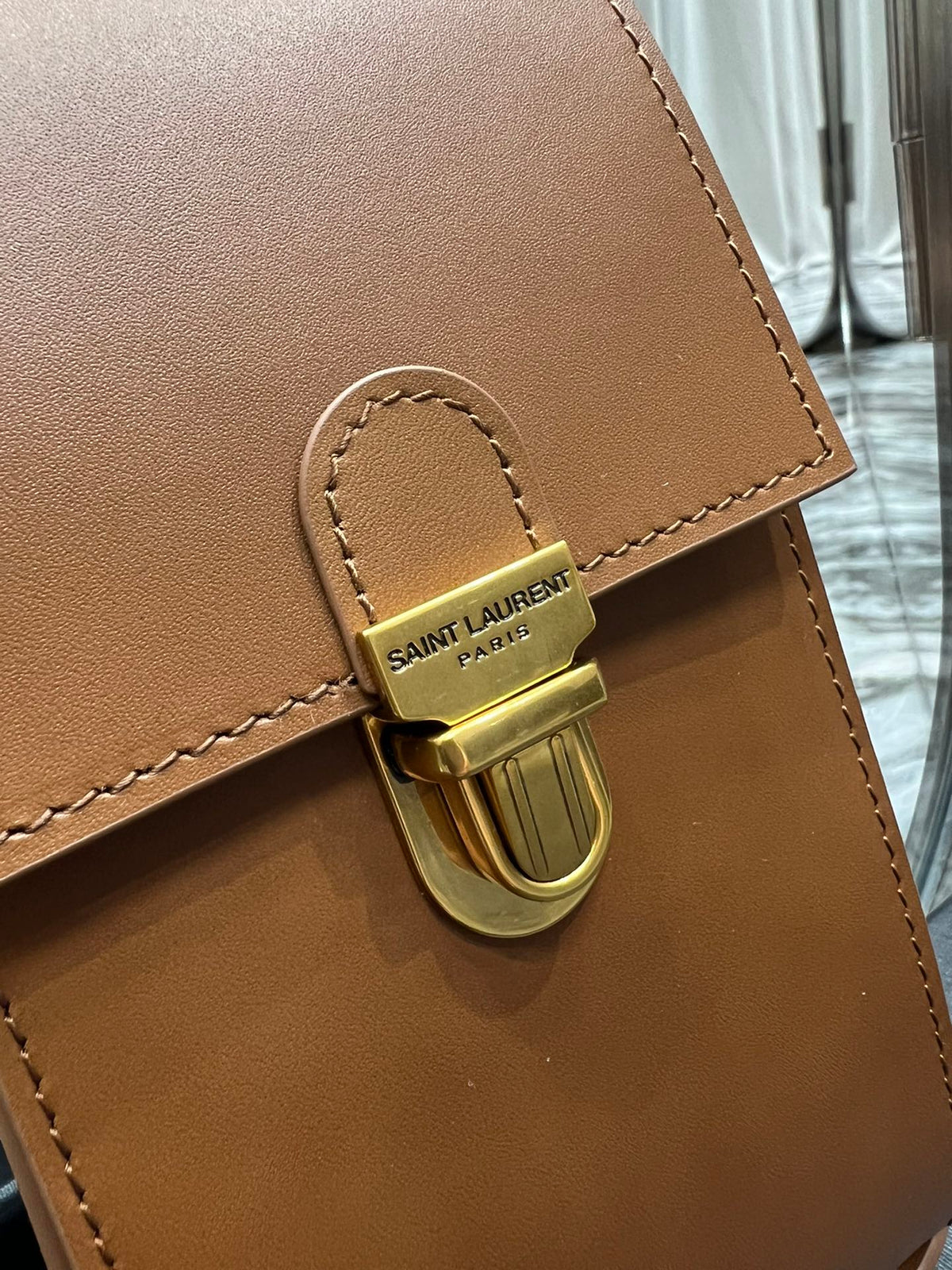 Small Tan Leather Crossbody Phone Bag with Gold-Tone Clasp
