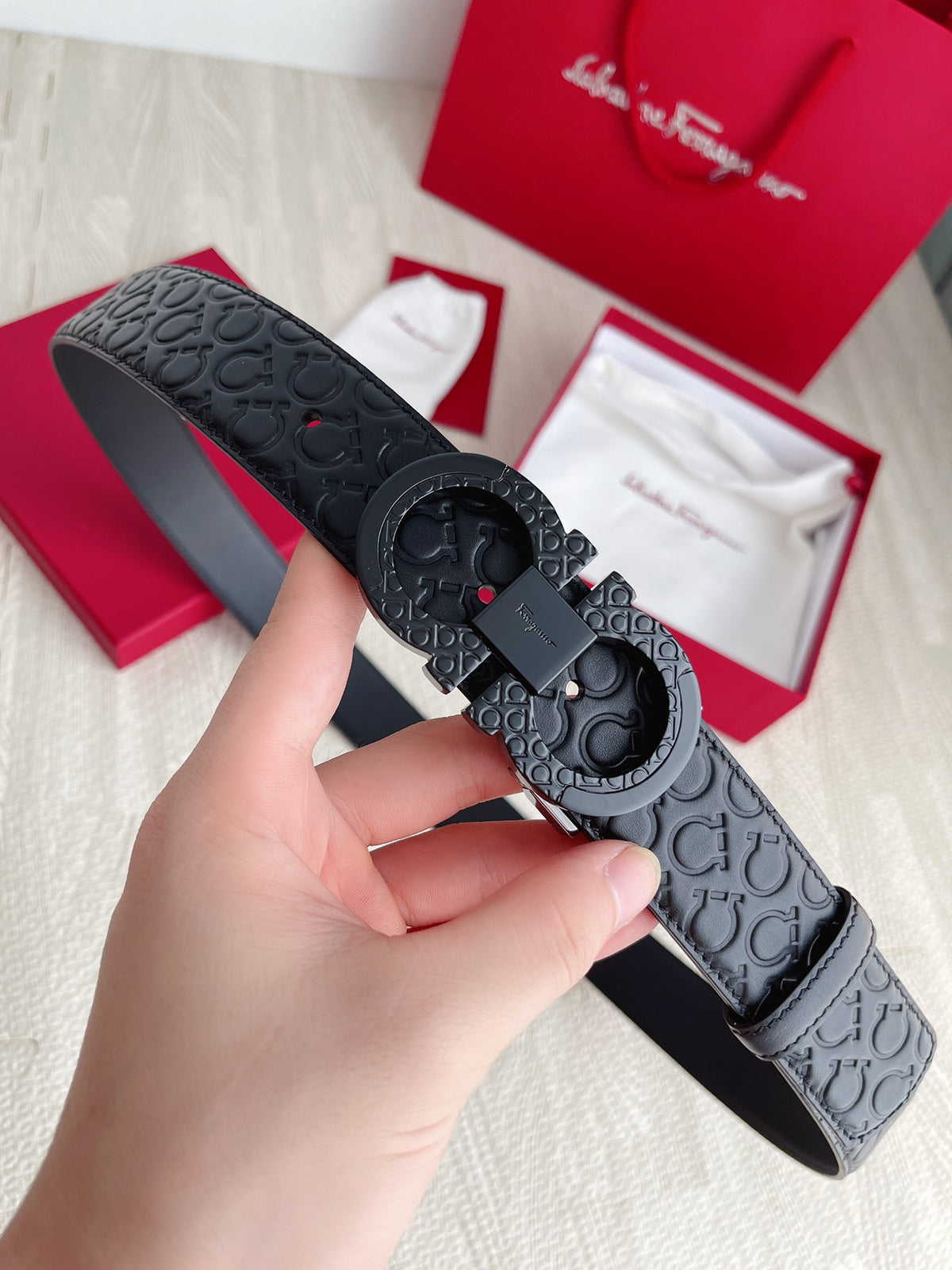 Salvatore Ferragamo Men's Gancini Monogram Embossed Leather Belt with Matte Black Double Gancini Buckle - Black