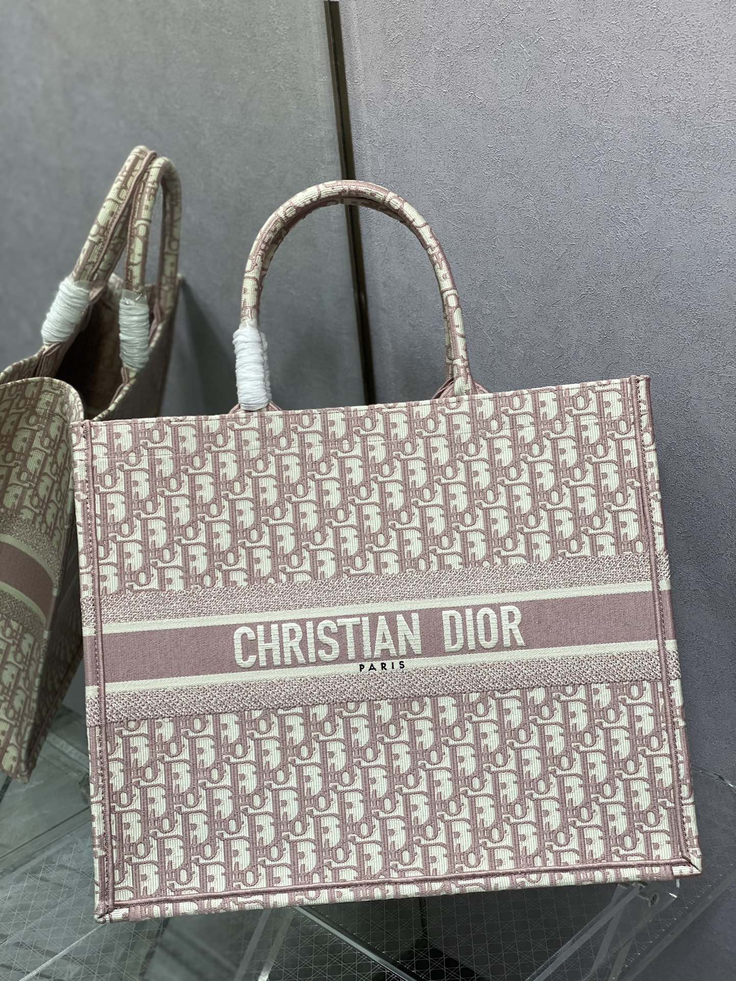 Dior Dusty Pink Monogram Canvas Tote Bag Structured Top Handle Handbag