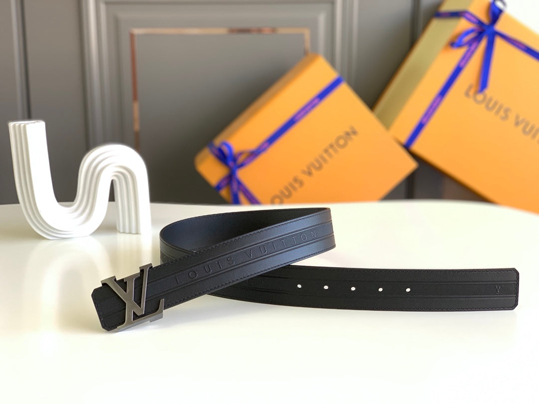 Louis Vuitton Men's LV Initiales Black Leather Belt with Silver-Tone Buckle, Luxury Designer Fashion Accessory
