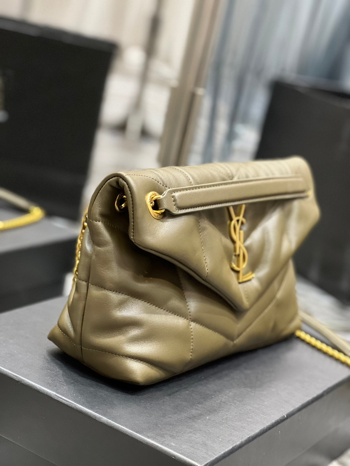 Saint Laurent Small Loulou Puffer Bag in Quilted Lambskin - Olive Green with Gold Hardware