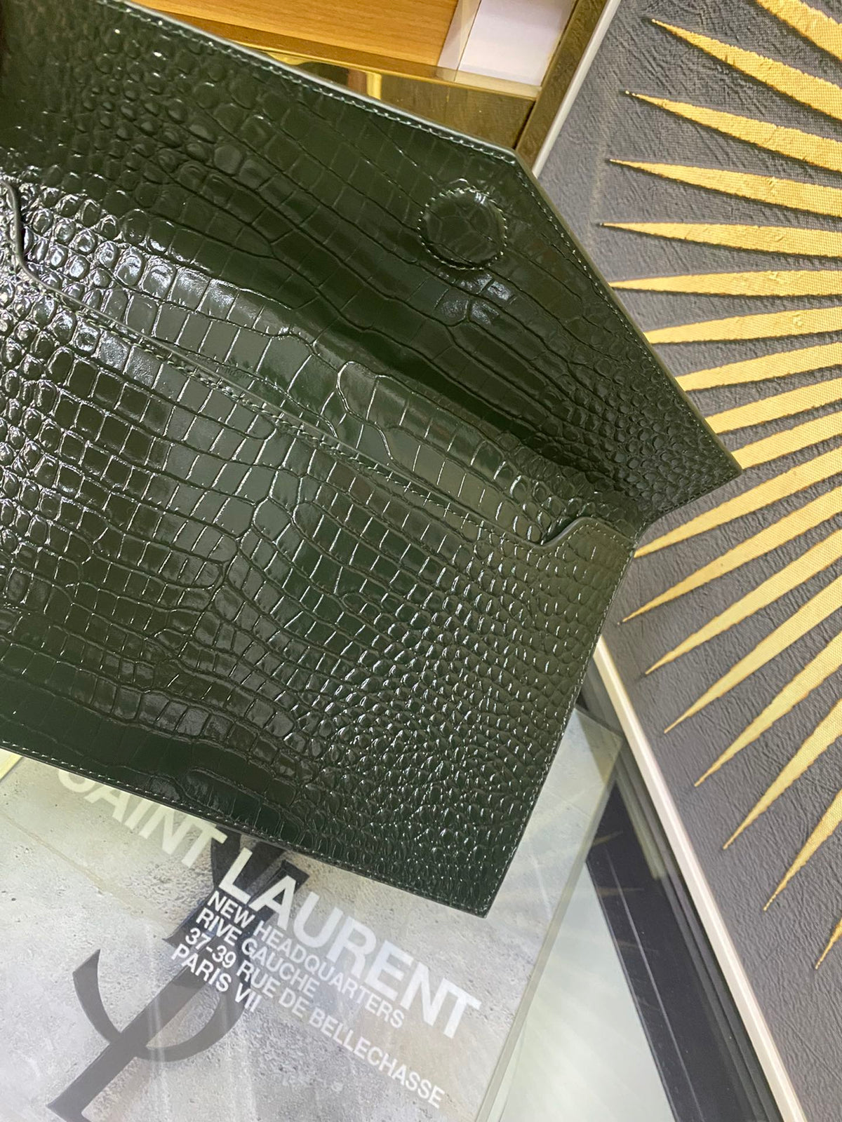 Saint Laurent Cassandre Envelope Clutch in Crocodile-Embossed Leather - Dark Green