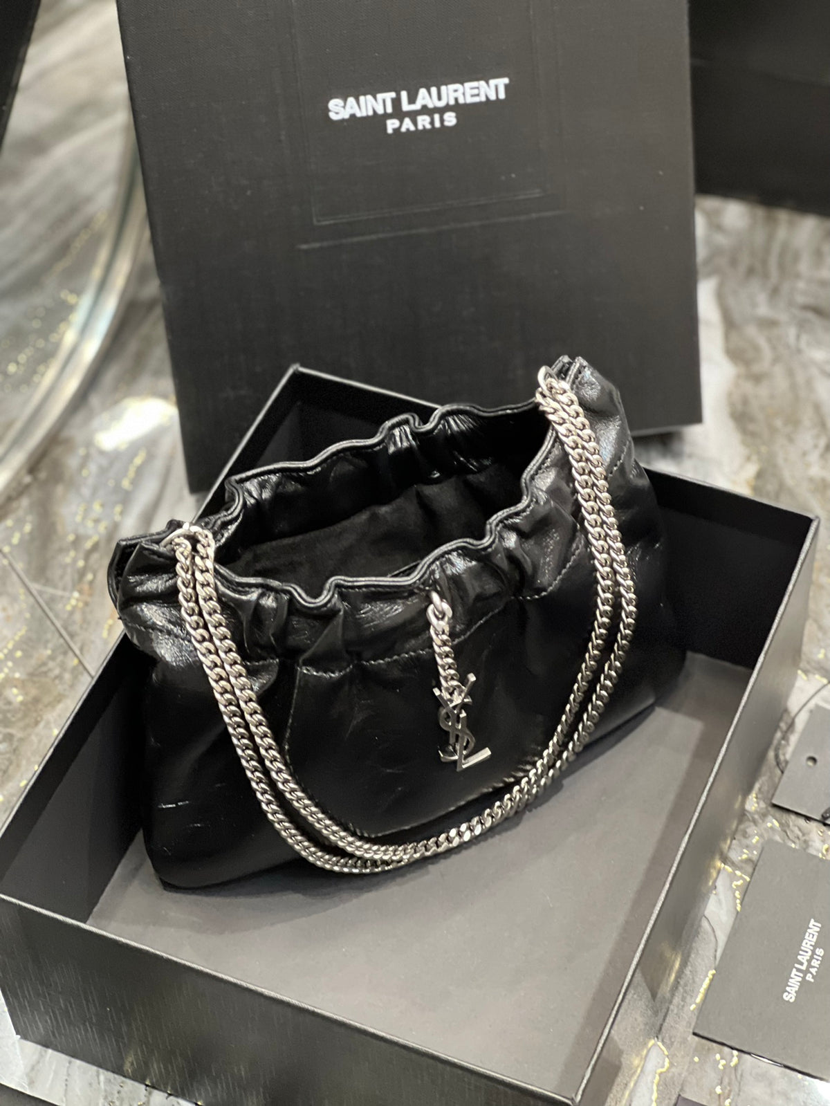 Saint Laurent Black Leather Mini Pouch Bag with Silver Chain and YSL Charm