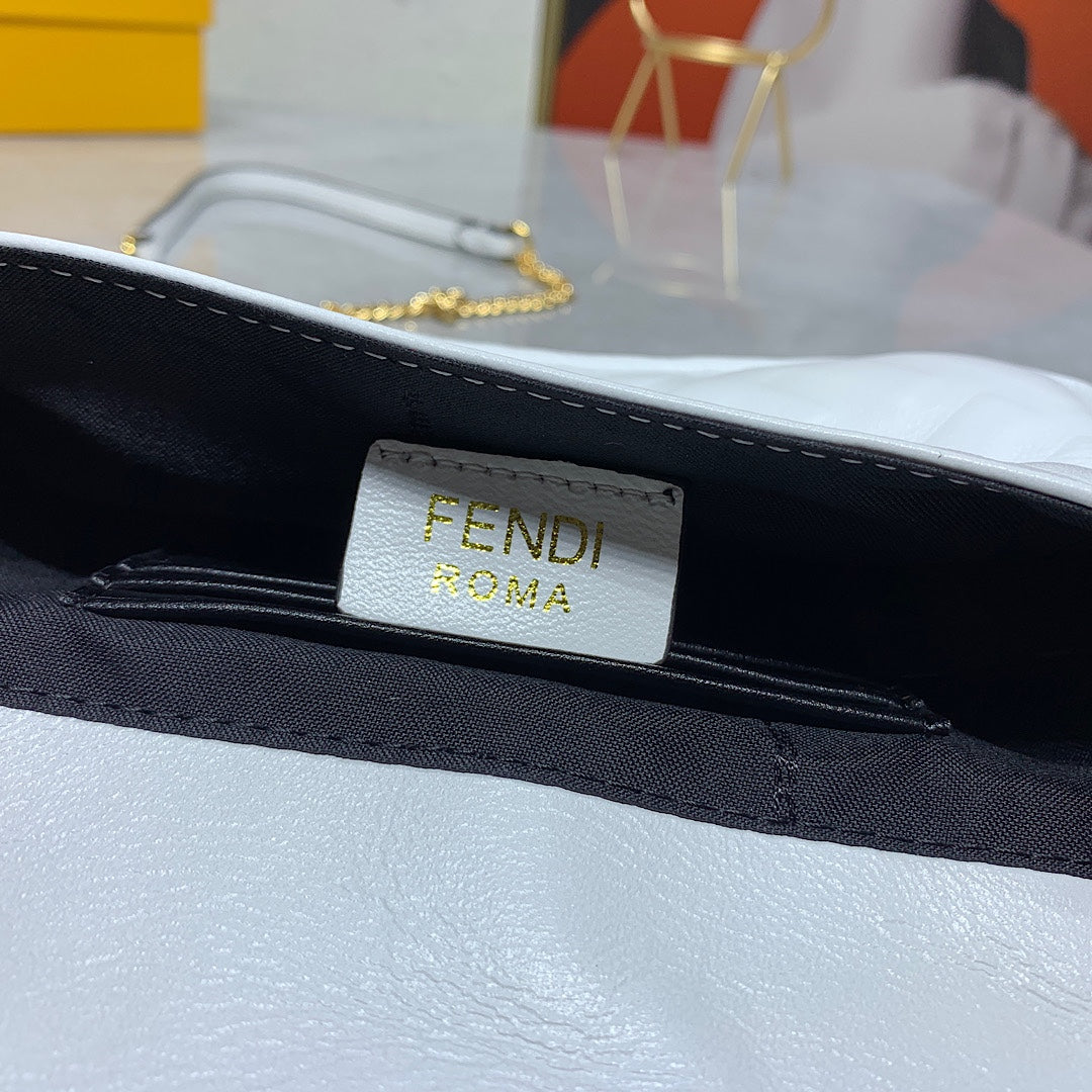 White Embossed Logo Baguette Crossbody Bag with Gold Chain Strap