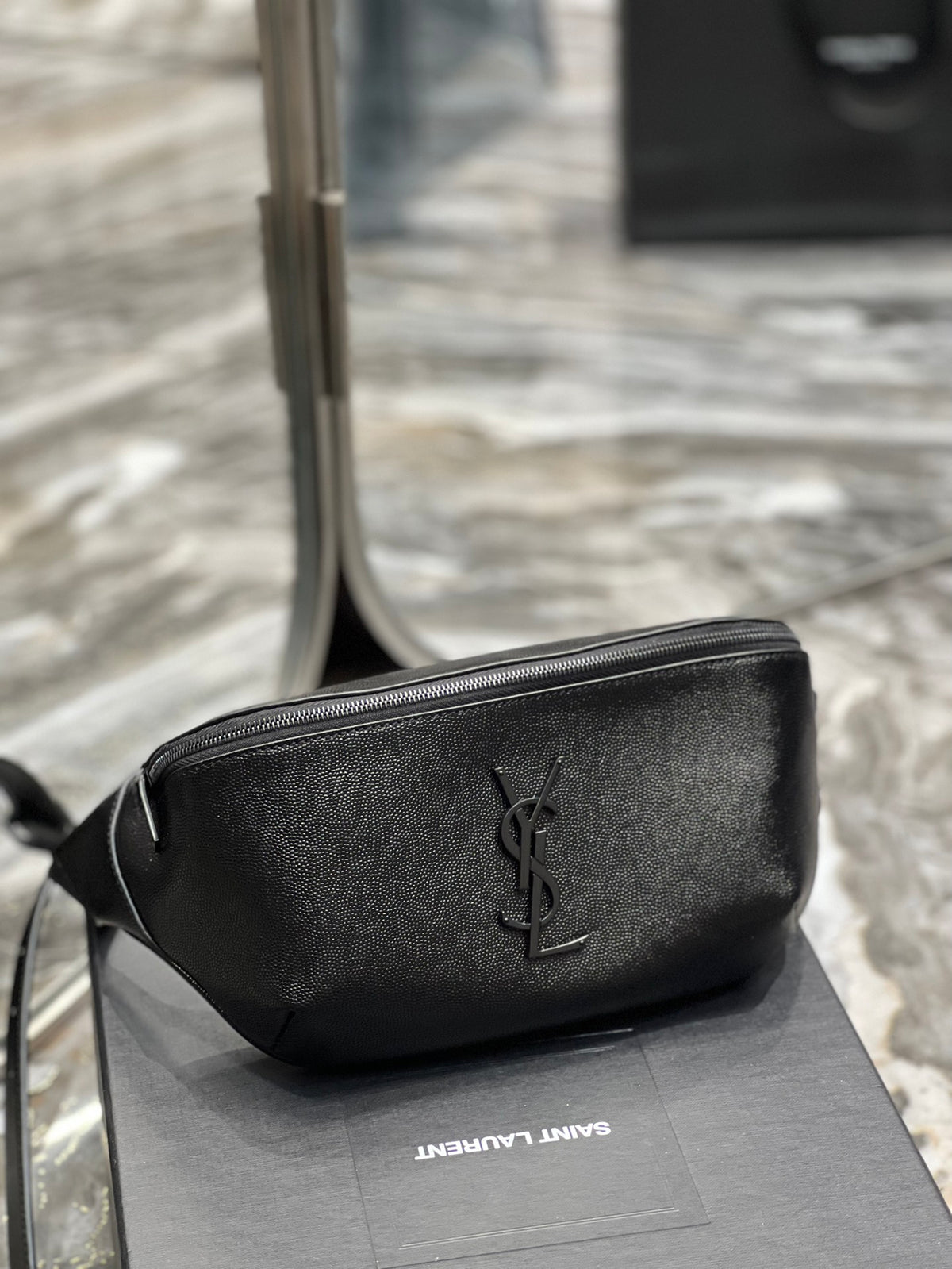 Saint Laurent Cassandre Belt Bag in Black Grain de Poudre Leather