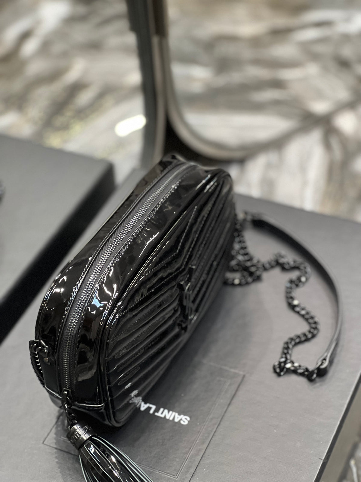 Quilted Black Patent Leather Crossbody Camera Bag with Tassel and Chain Strap