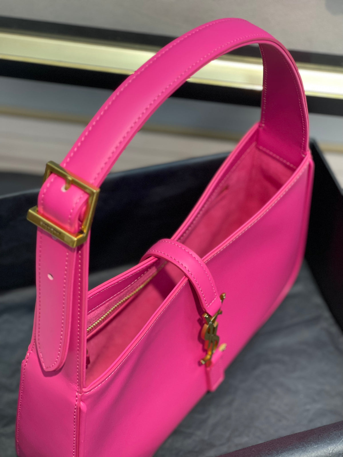 Saint Laurent Le 5 à 7 Leather Hobo Bag - Fuchsia Pink with Gold Hardware