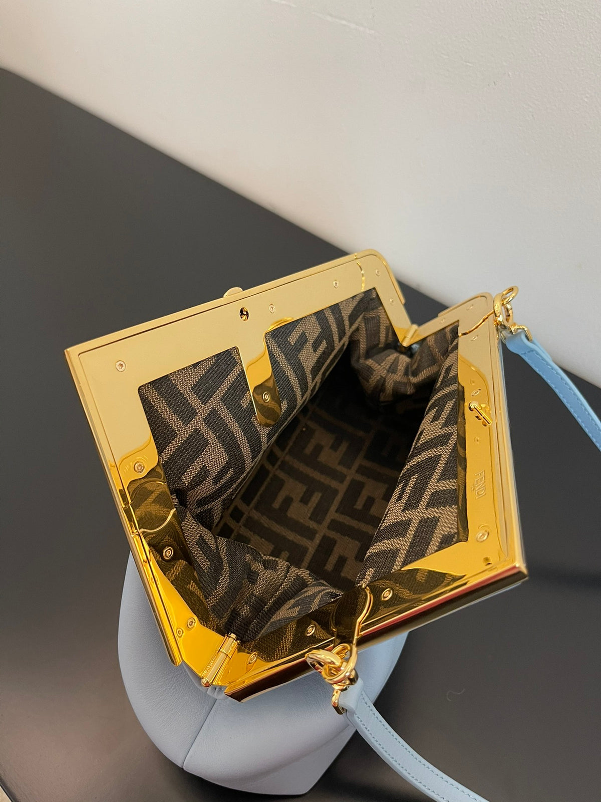 Small Light Blue Leather Frame Clutch - Elegant Asymmetric Crossbody Bag with Gold Hardware