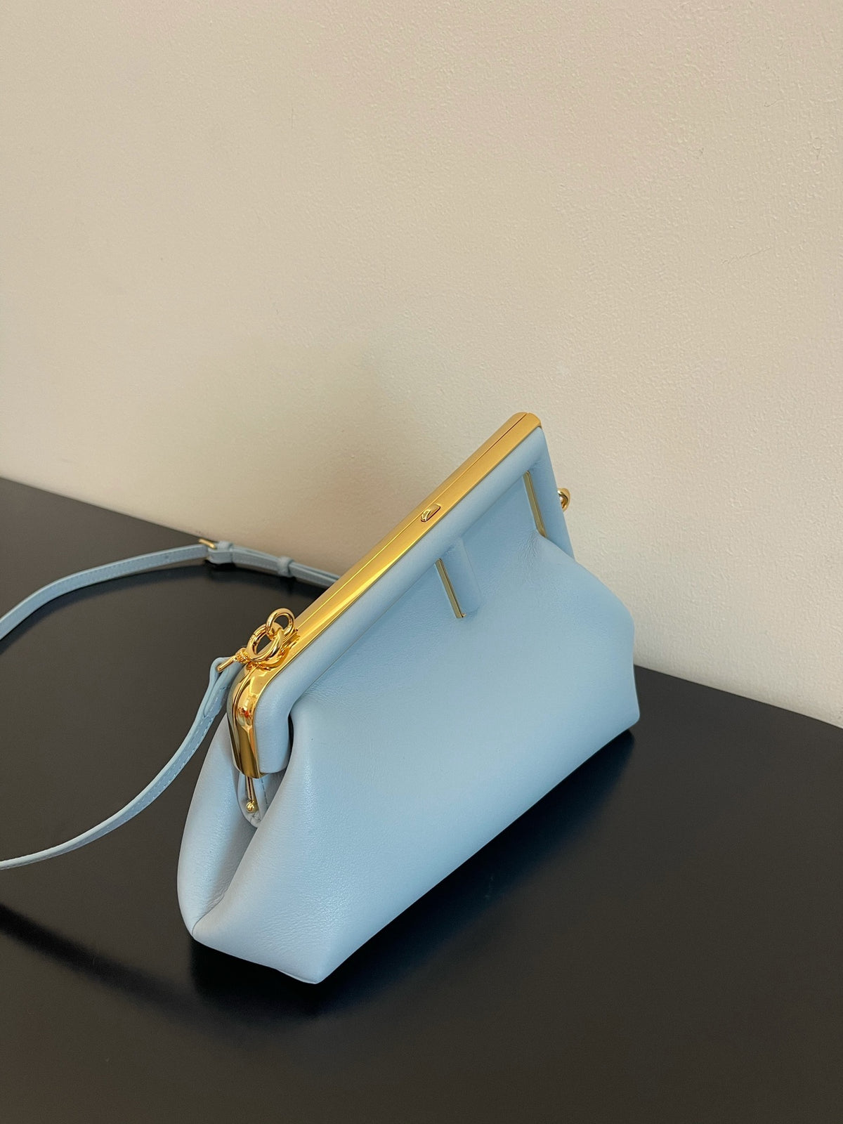 Small Light Blue Leather Frame Clutch - Elegant Asymmetric Crossbody Bag with Gold Hardware