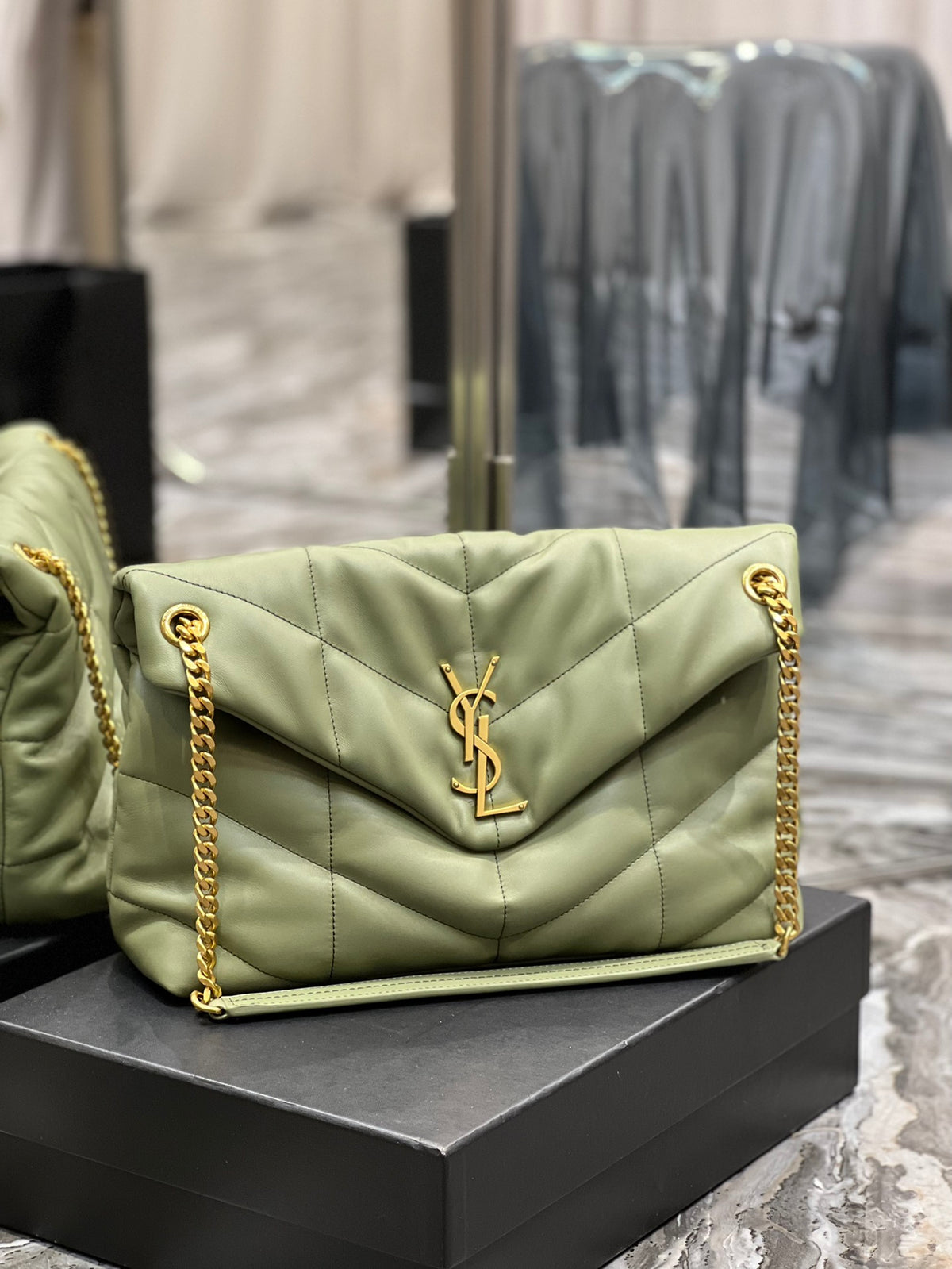 Saint Laurent Loulou Small Quilted Leather Shoulder Bag in Sage Green with Gold Hardware