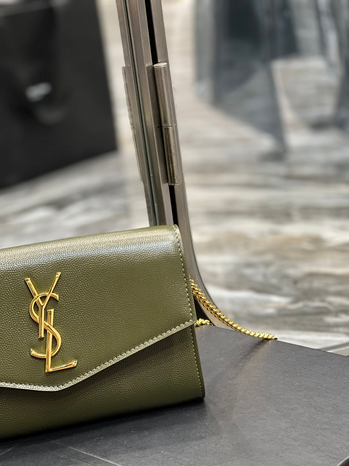 Saint Laurent Cassandre Envelope Chain Wallet in Olive Green Leather with Cardholder