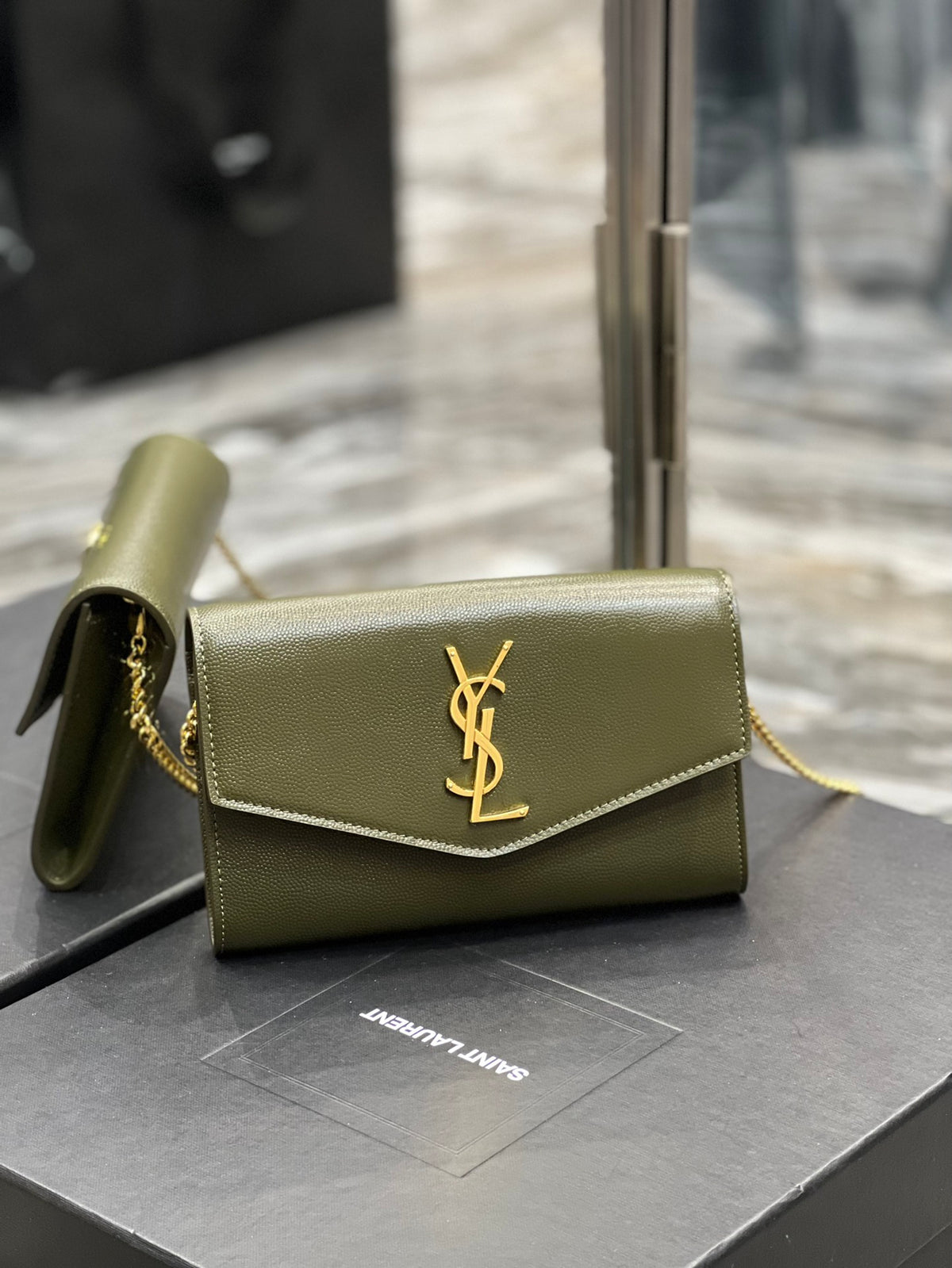 Saint Laurent Cassandre Envelope Chain Wallet in Olive Green Leather with Cardholder