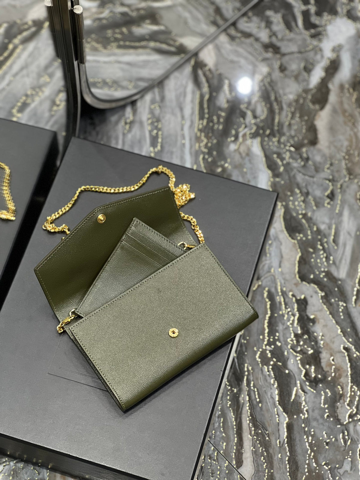 Saint Laurent Cassandre Envelope Chain Wallet in Olive Green Leather with Cardholder