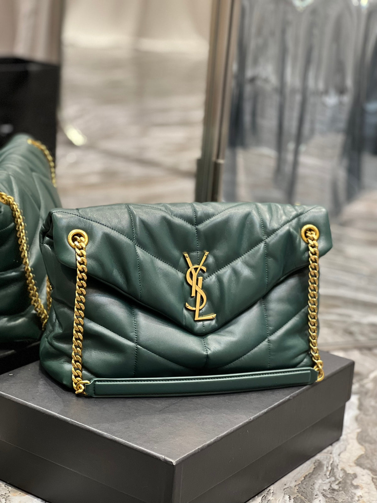 Saint Laurent Loulou Puffer Small in Quilted Lambskin - Dark Green