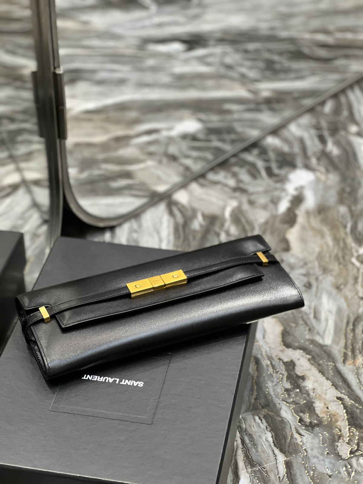 Sophisticated Black Leather Evening Clutch Bag with Gold-Tone Hardware