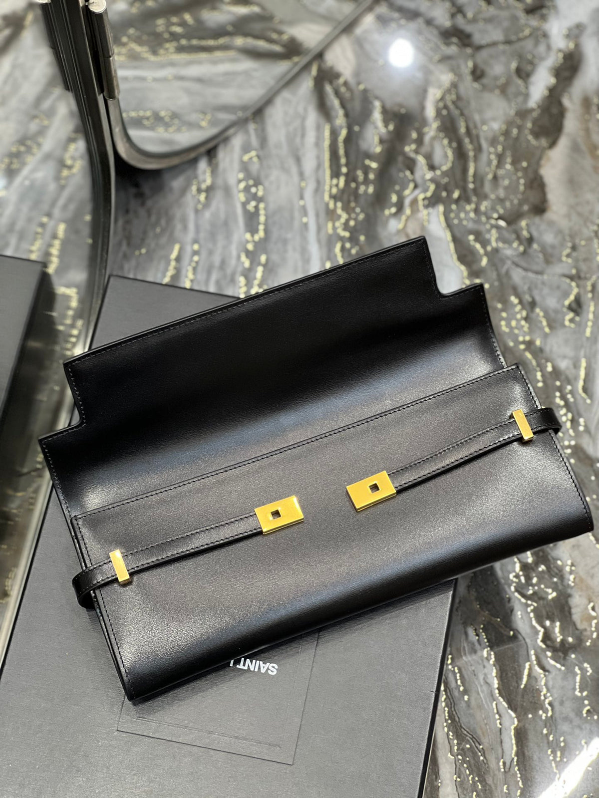 Sophisticated Black Leather Evening Clutch Bag with Gold-Tone Hardware