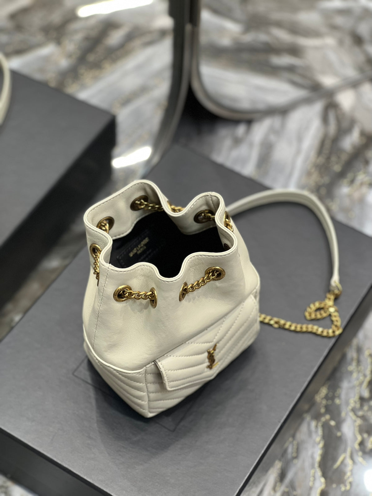 Saint Laurent Joe Mini Bucket Backpack in Quilted Leather - Beige