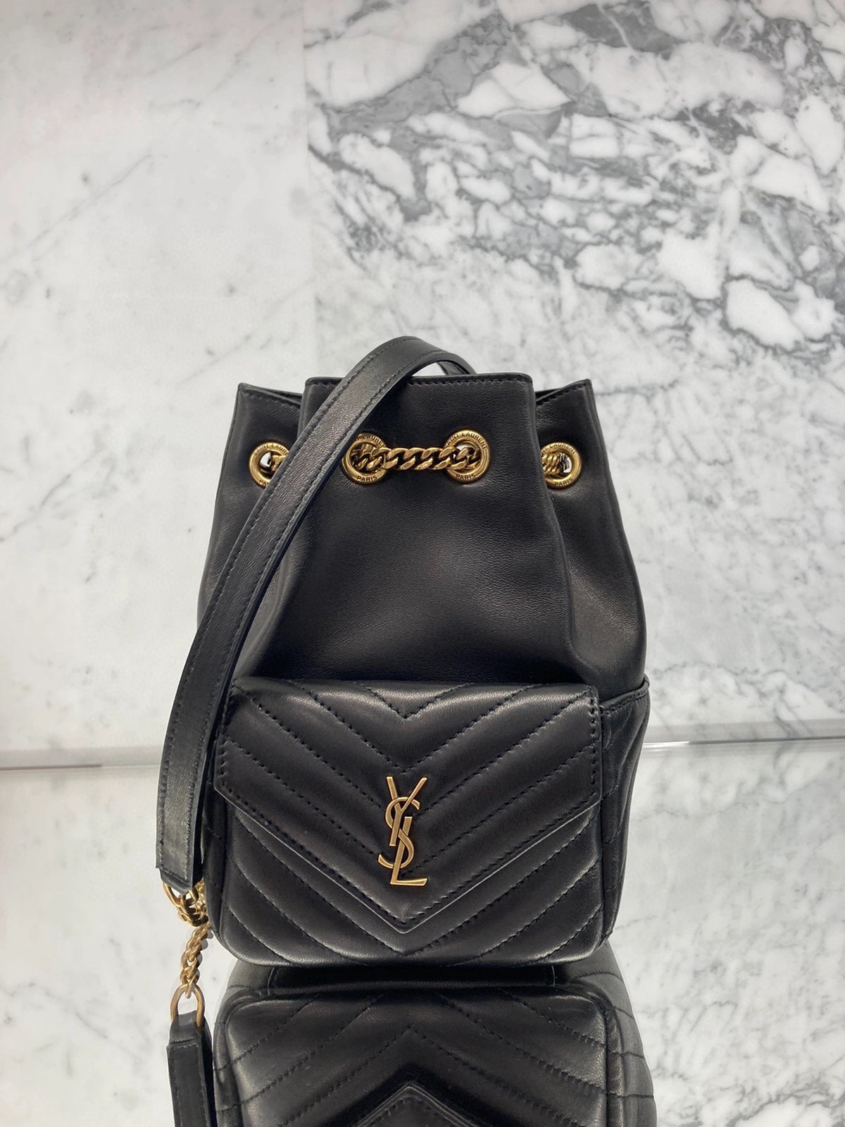 Saint Laurent Joe Mini Bucket Bag in Quilted Lambskin Leather - Black